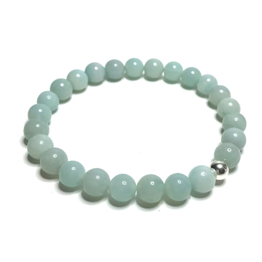 Amazonite bracelet featuring light blue-green beads with a single silver accent bead