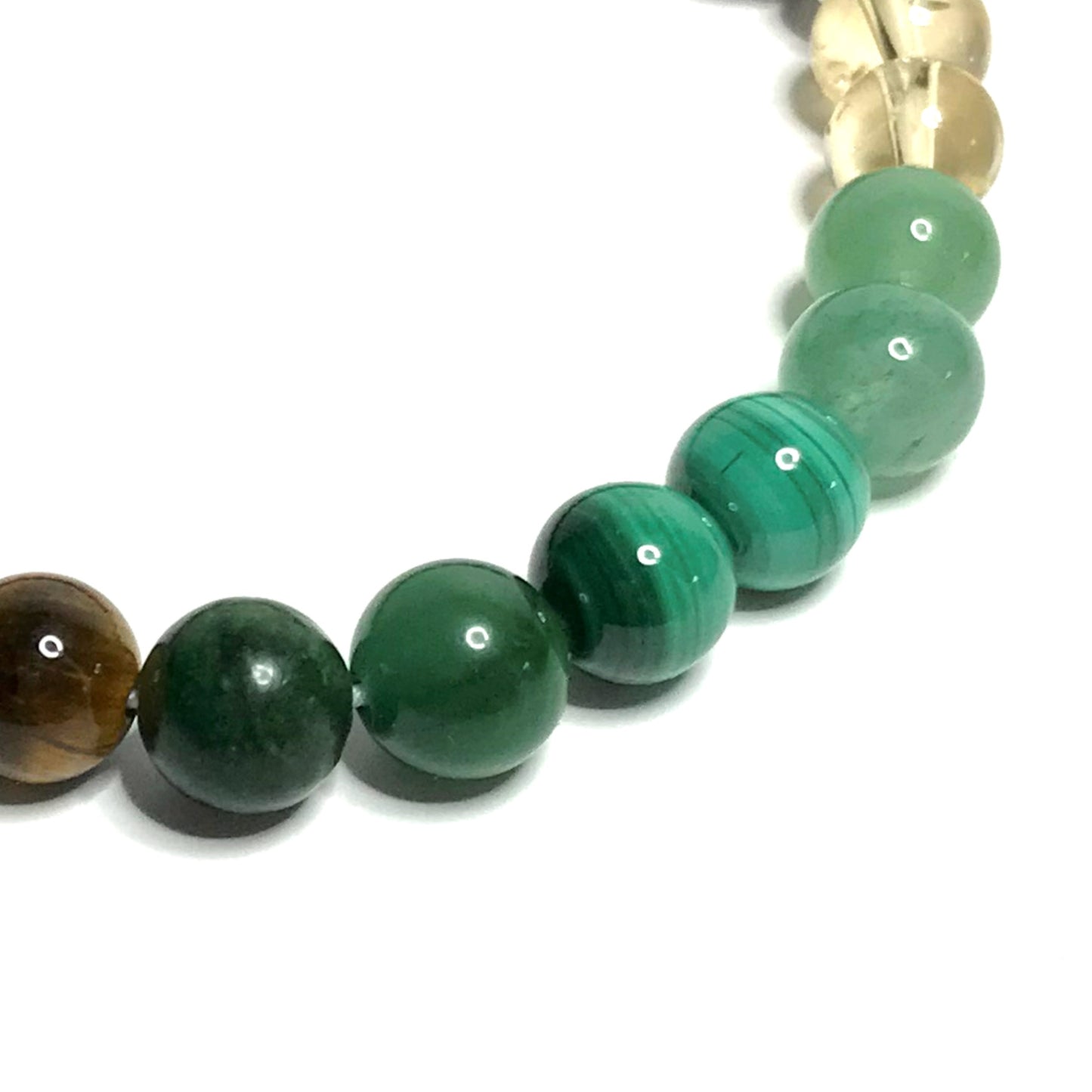 Close up of jade, malachite and green aventurine beads