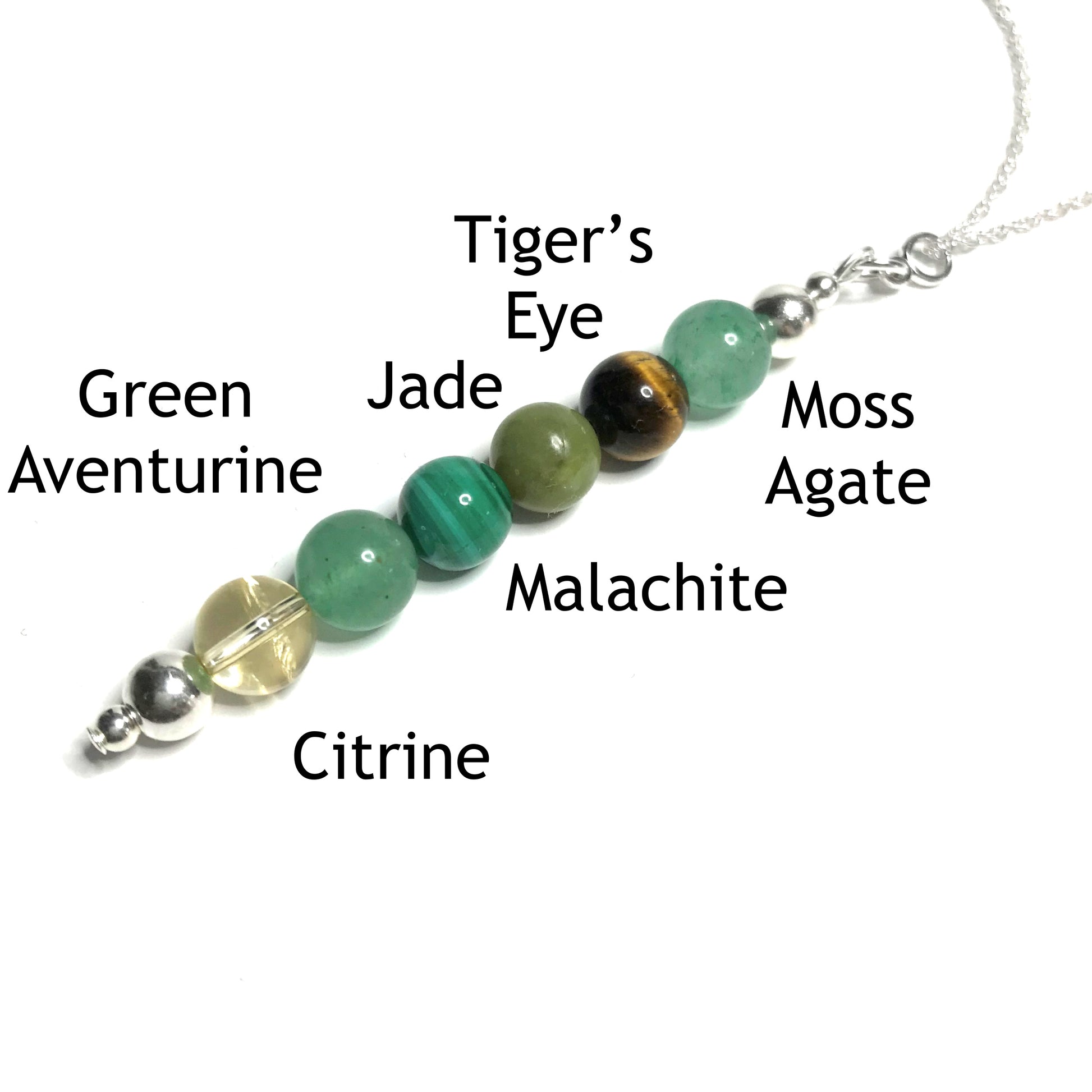 Abundance pendant with the beads labelled as moss agate, tiger's eye, jade, malachite, green aventurine and citrine