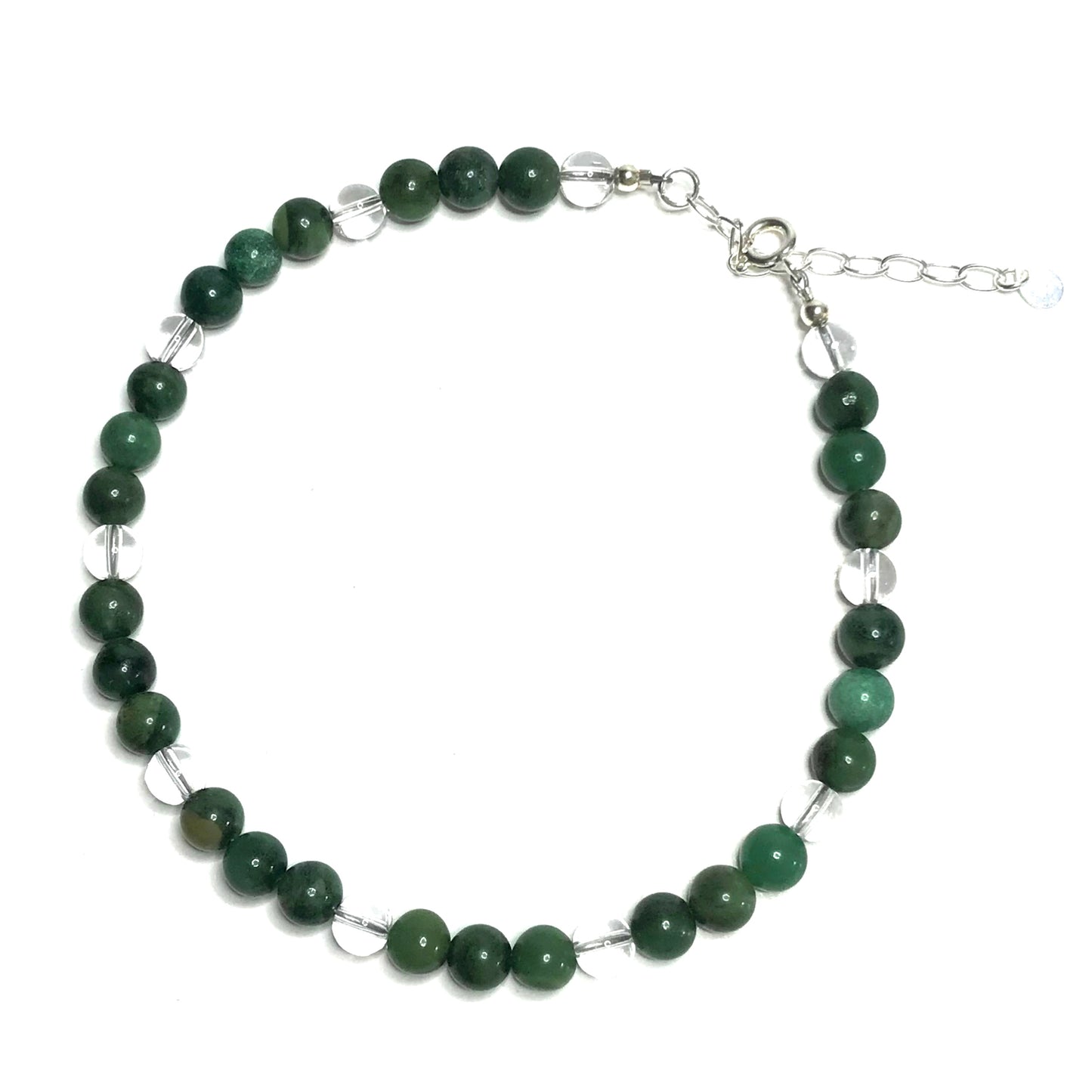 African jade crystal bead anklet with clear quartz.