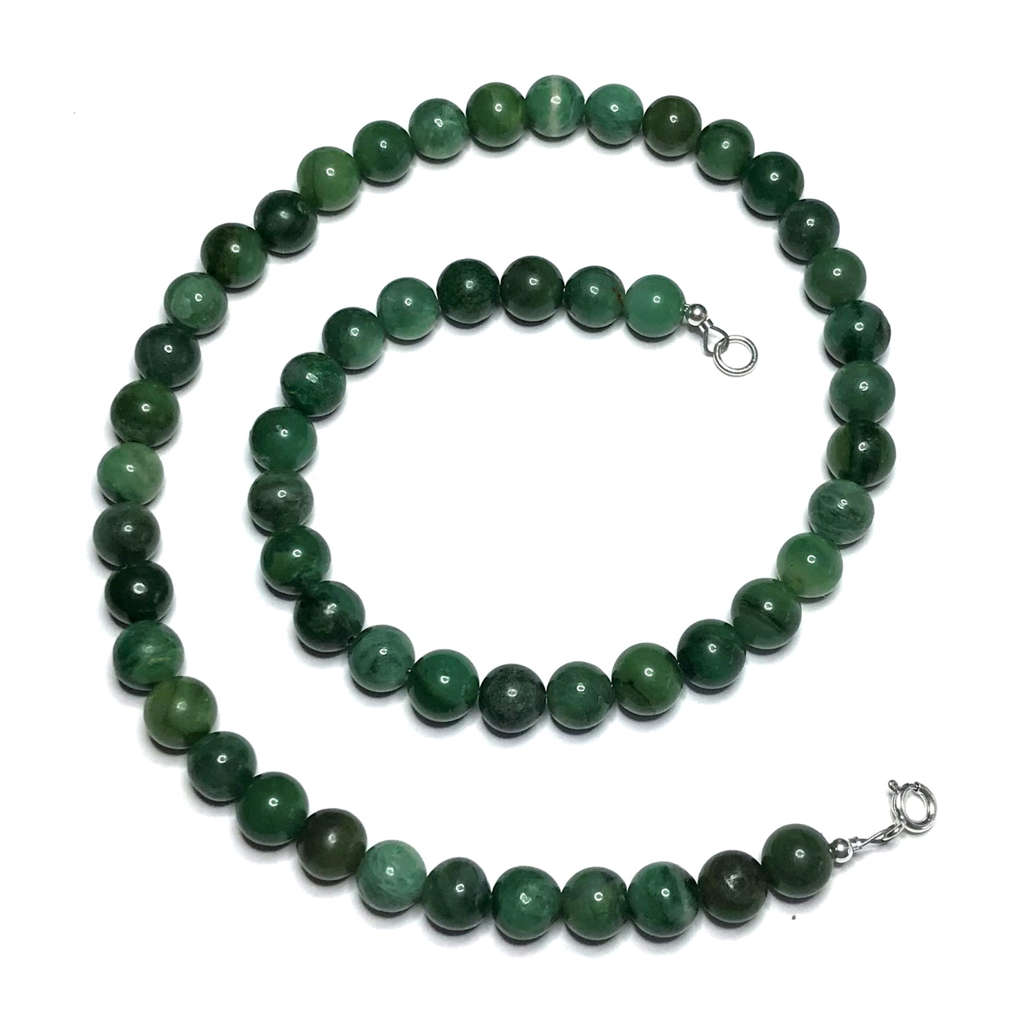 Close-up of African jade necklace with a sterling silver clasp