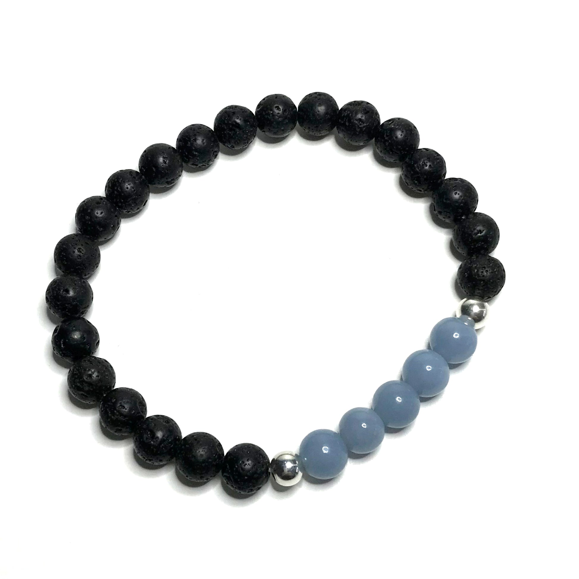 Pale blue gemstone and lava rock bracelet