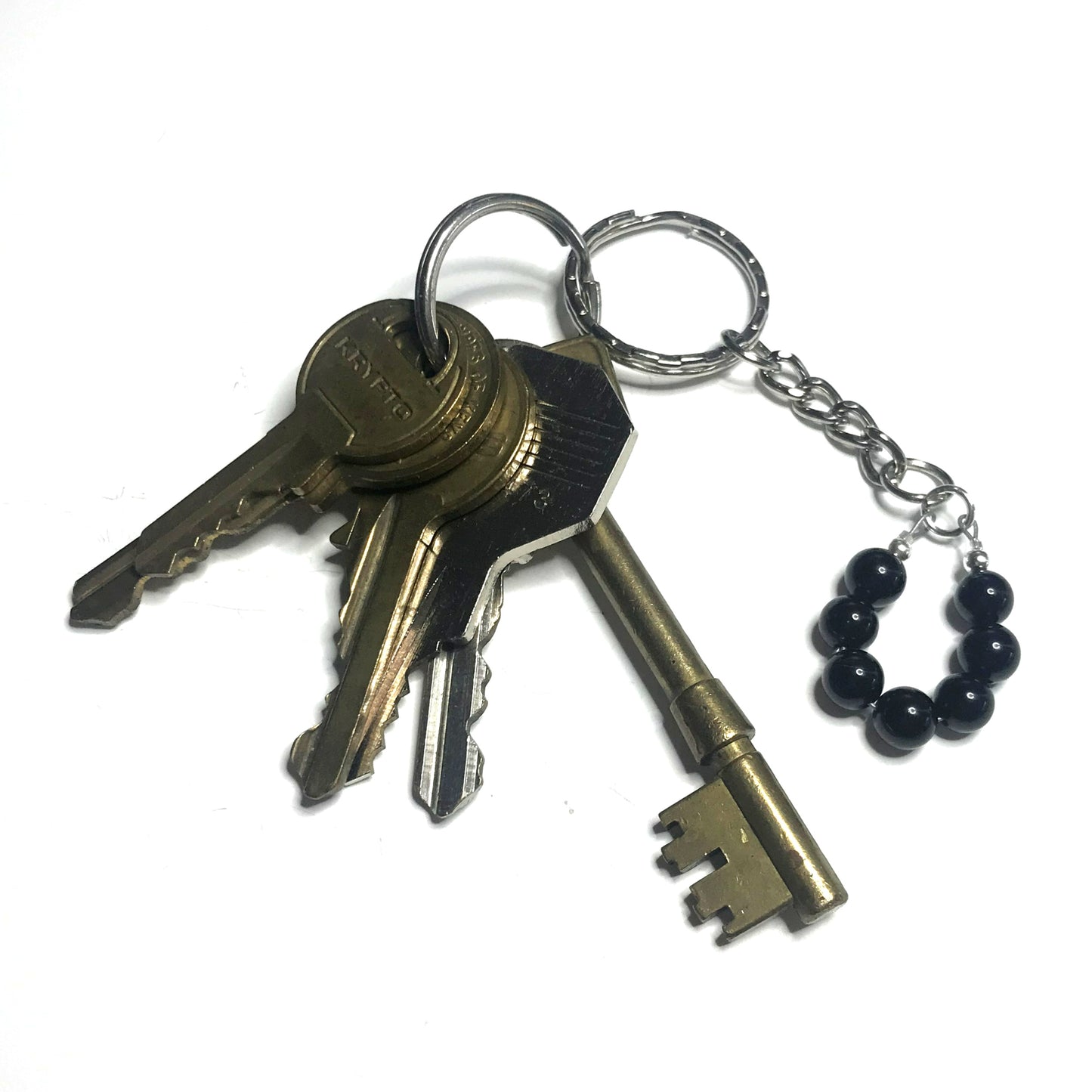 Black gemstone bead keychain with keys
