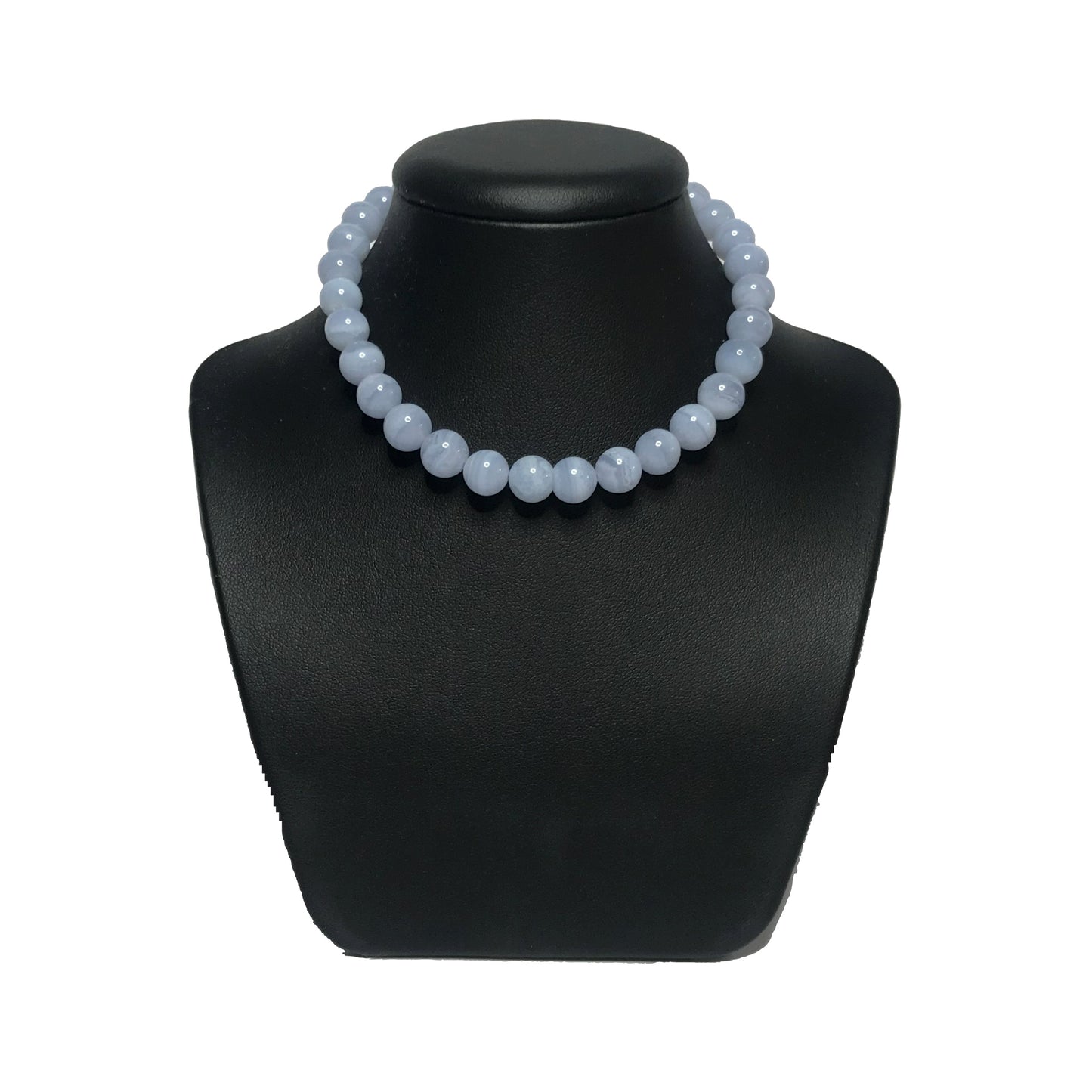 Blue lace agate beaded necklace on stand