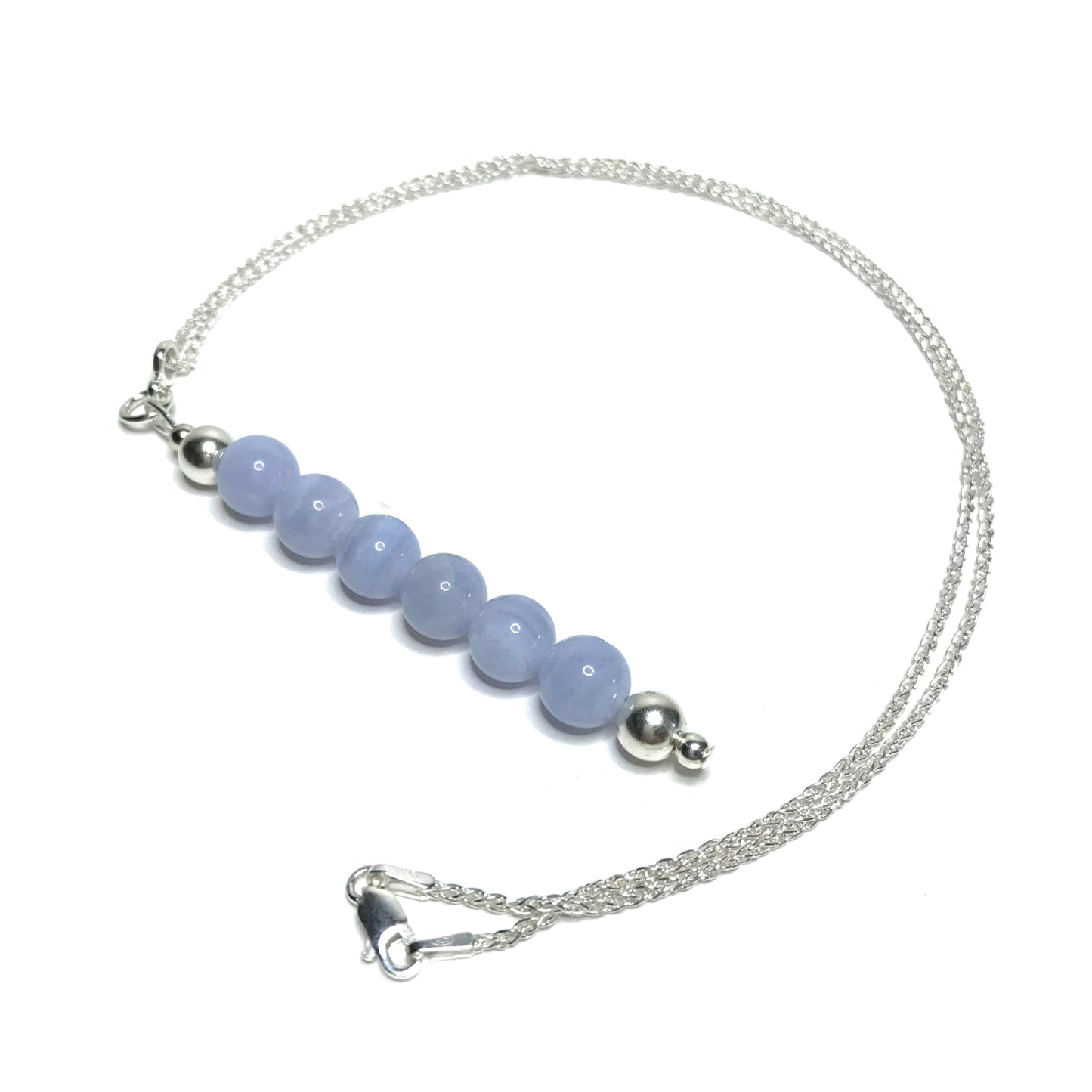 Blue lace agate crystal bead pendant on silver chain