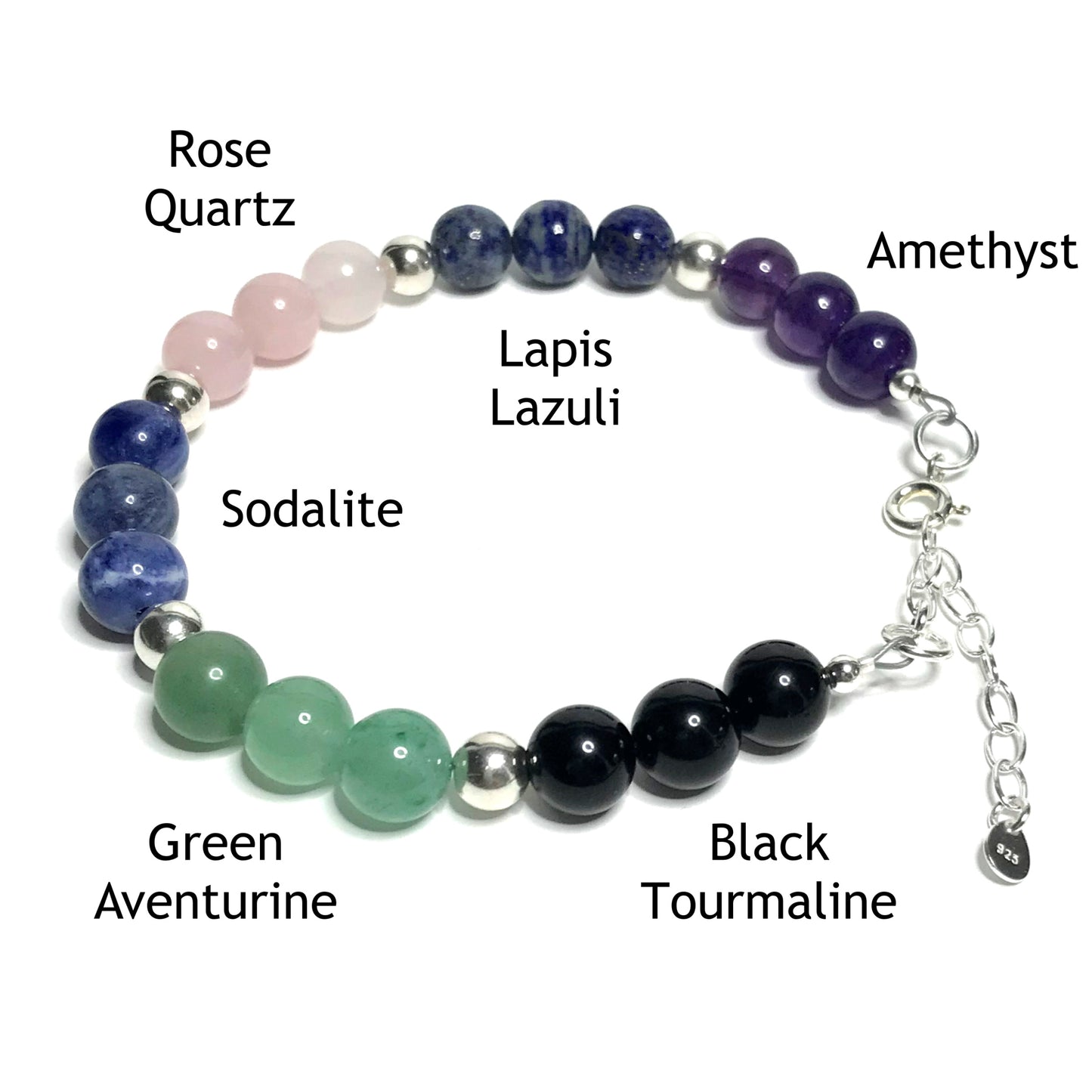 Calming bracelet with the beads labelled as amethyst, lapis lazuli, rose quartz, sodalite, green aventurine and black tourmaline