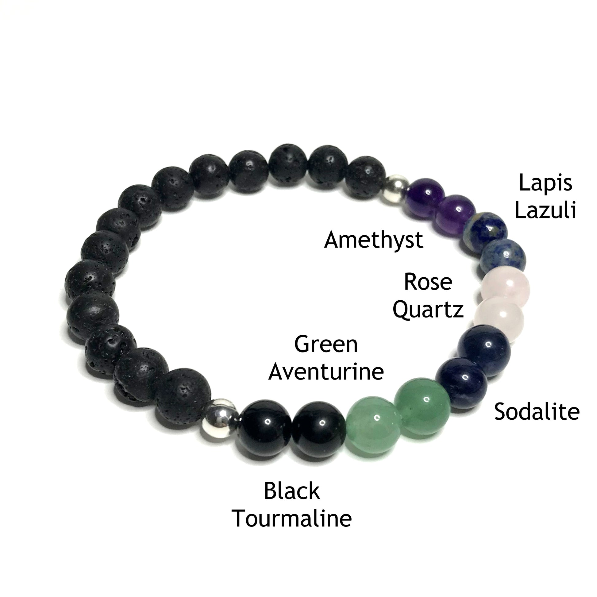 Calming bracelet with lava rock with the beads labelled as amethyst, lapis lazuli, rose quartz, sodalite, green aventurine and black tourmaline