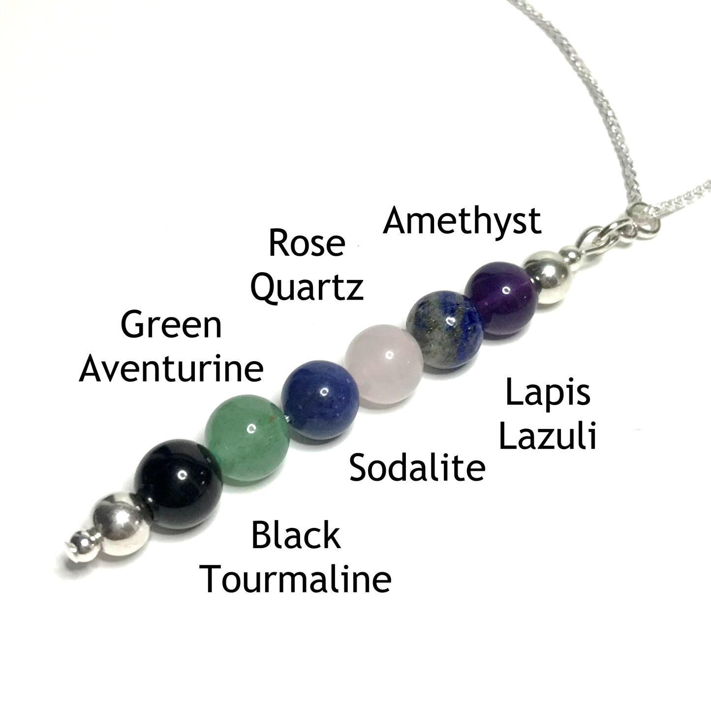 Calming pendant with the beads labelled as amethyst, lapis lazuli, rose quartz, sodalite, green aventurine and black tourmaline