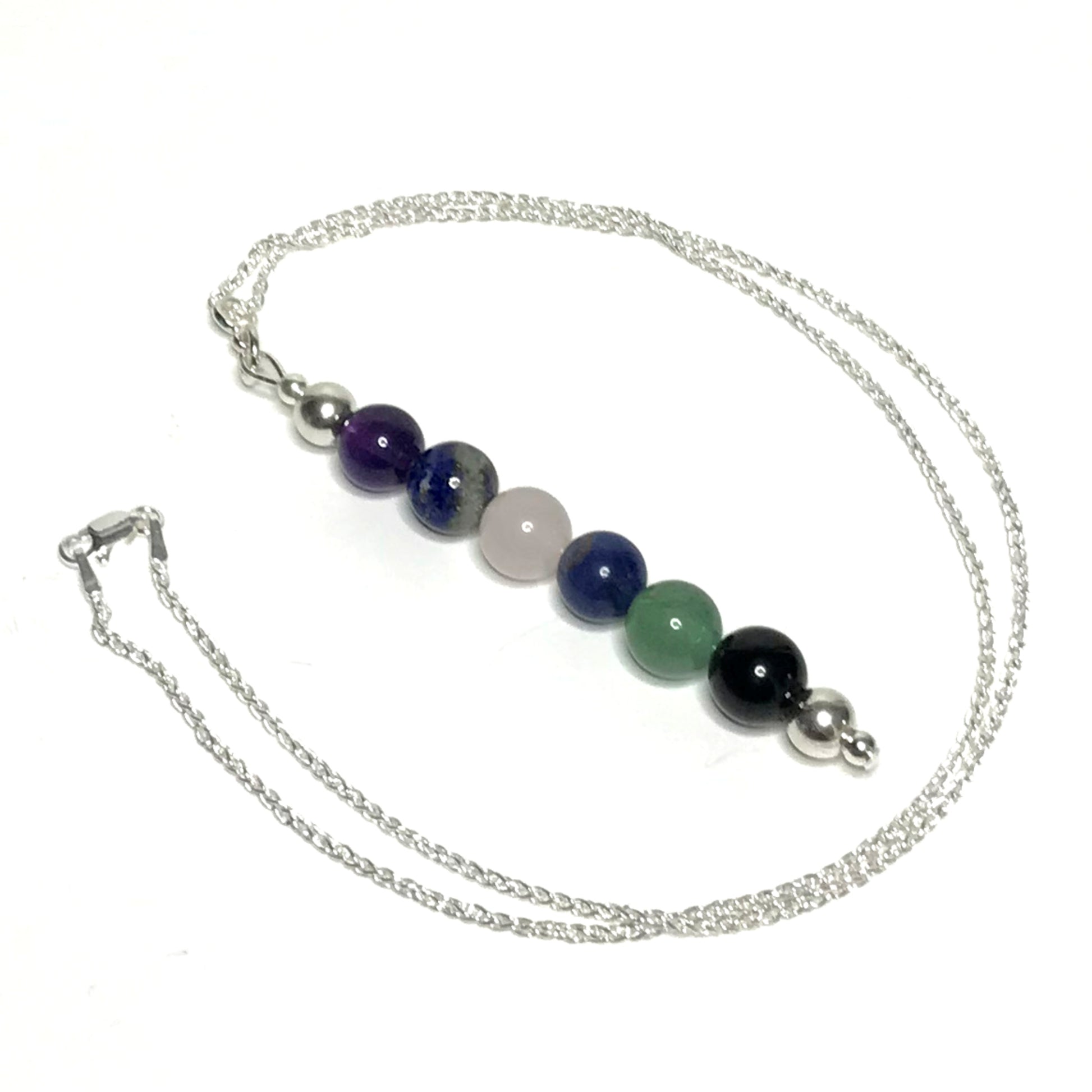 Calming gemstone beaded pendant with silver chain