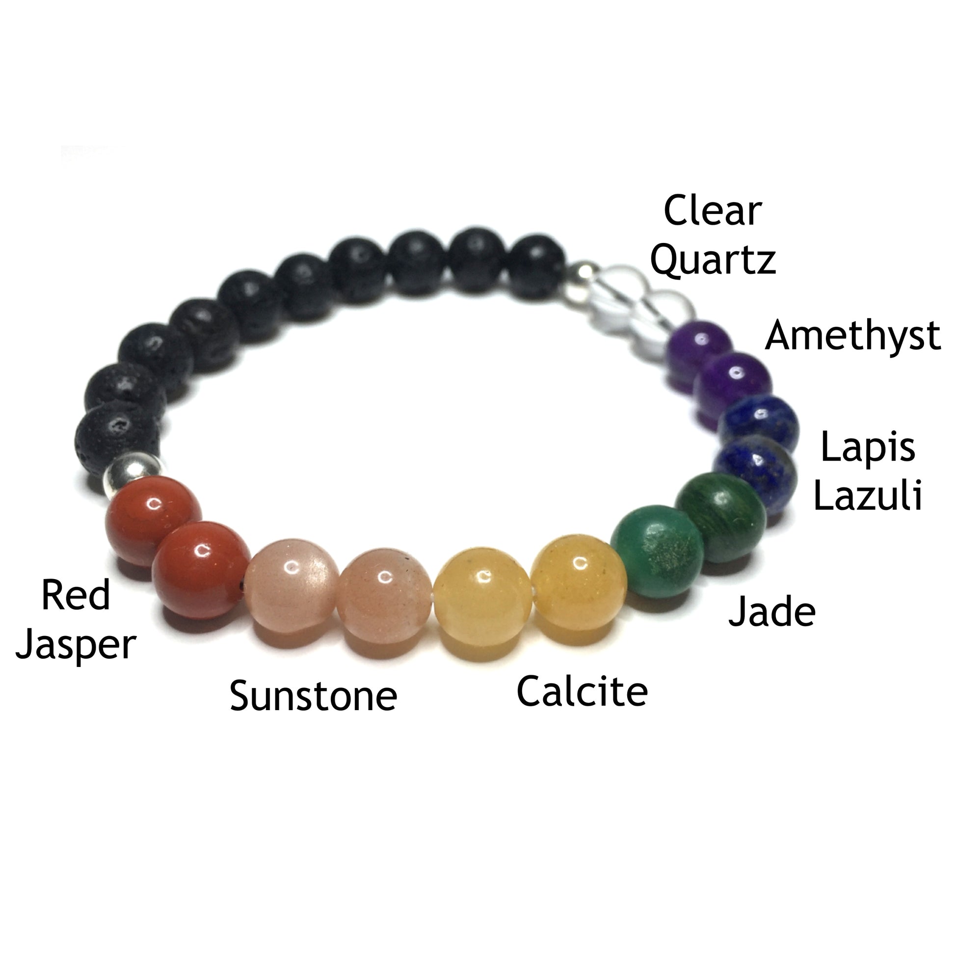 Chakra bracelet with the beads labelled as red jasper, sunstone, calcite, jade, lapis lazuli, amethyst and clear quartz