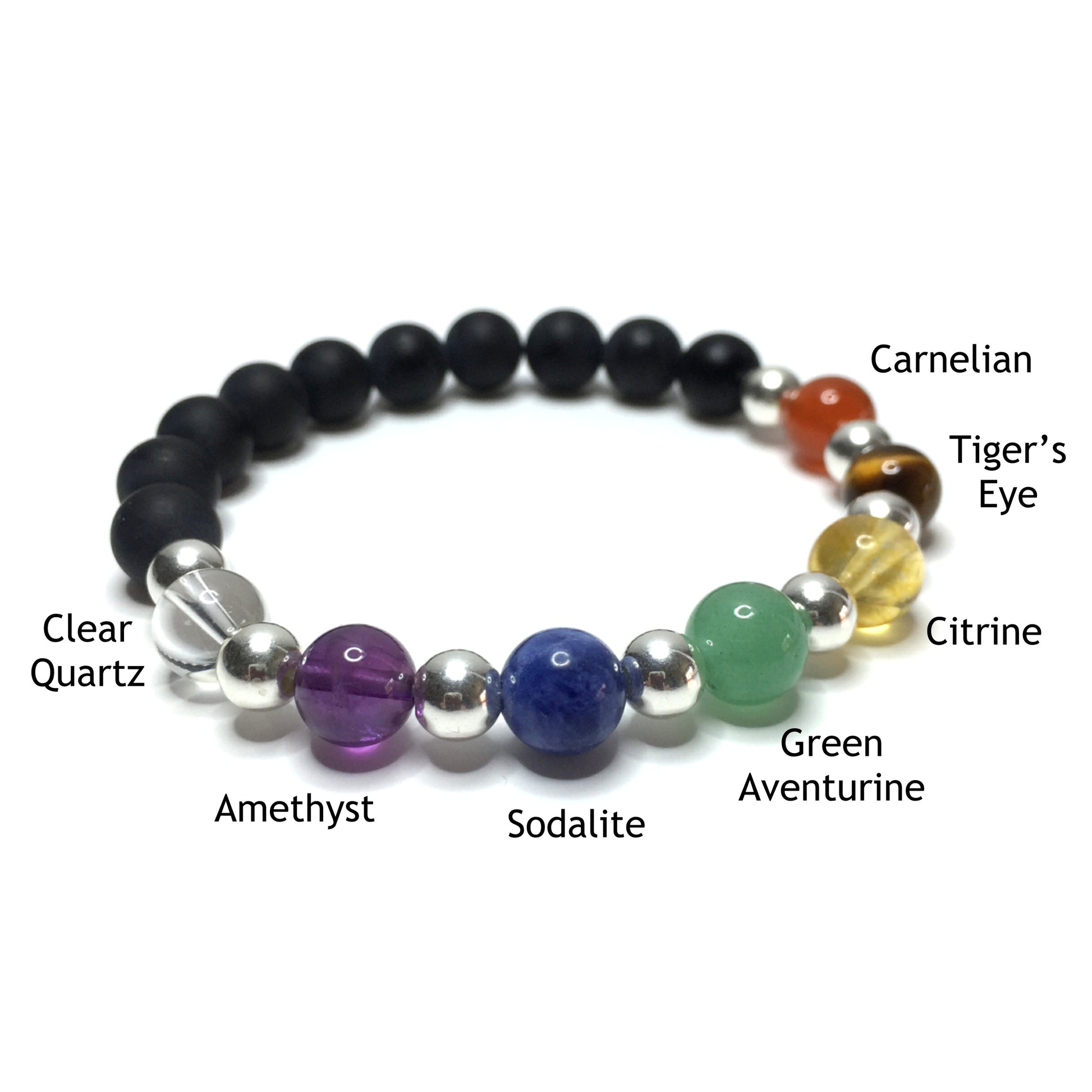 Chakra bracelet with the beads labelled as carnelian, tiger's eye, citrine, green aventurine, sodalite, amethyst and clear quartz