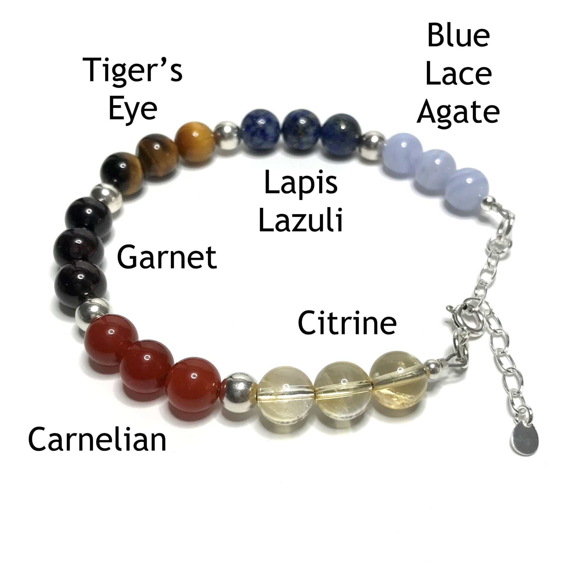 Creativity bracelet with the beads labelled as blue lace agate, lapis lazuli, tiger's eye, garnet, carnelian and citrine