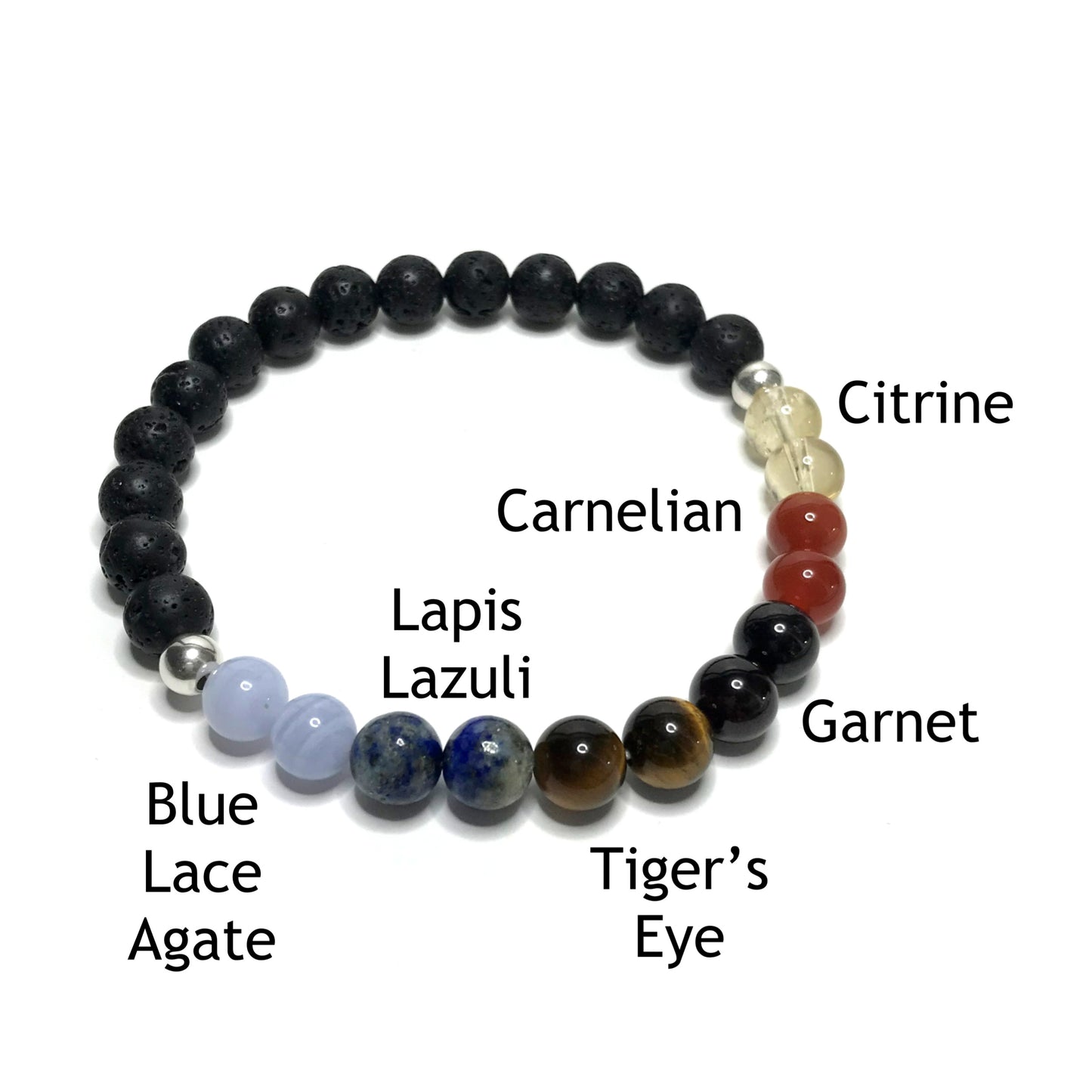 Creativity bracelet with lava rock with the beads labelled as blue lace agate, lapis lazuli, tiger's eye, garnet, carnelian and citrine