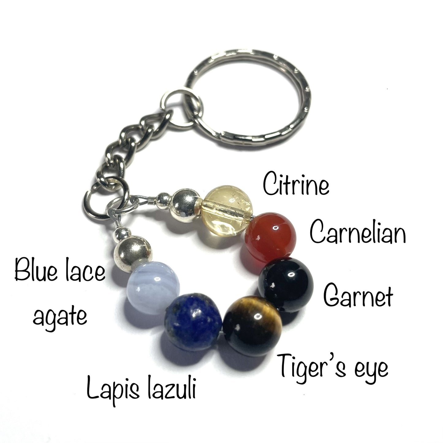 Creativity keychain with the beads labelled as blue lace agate, lapis lazuli, tiger's eye, garnet, carnelian and citrine