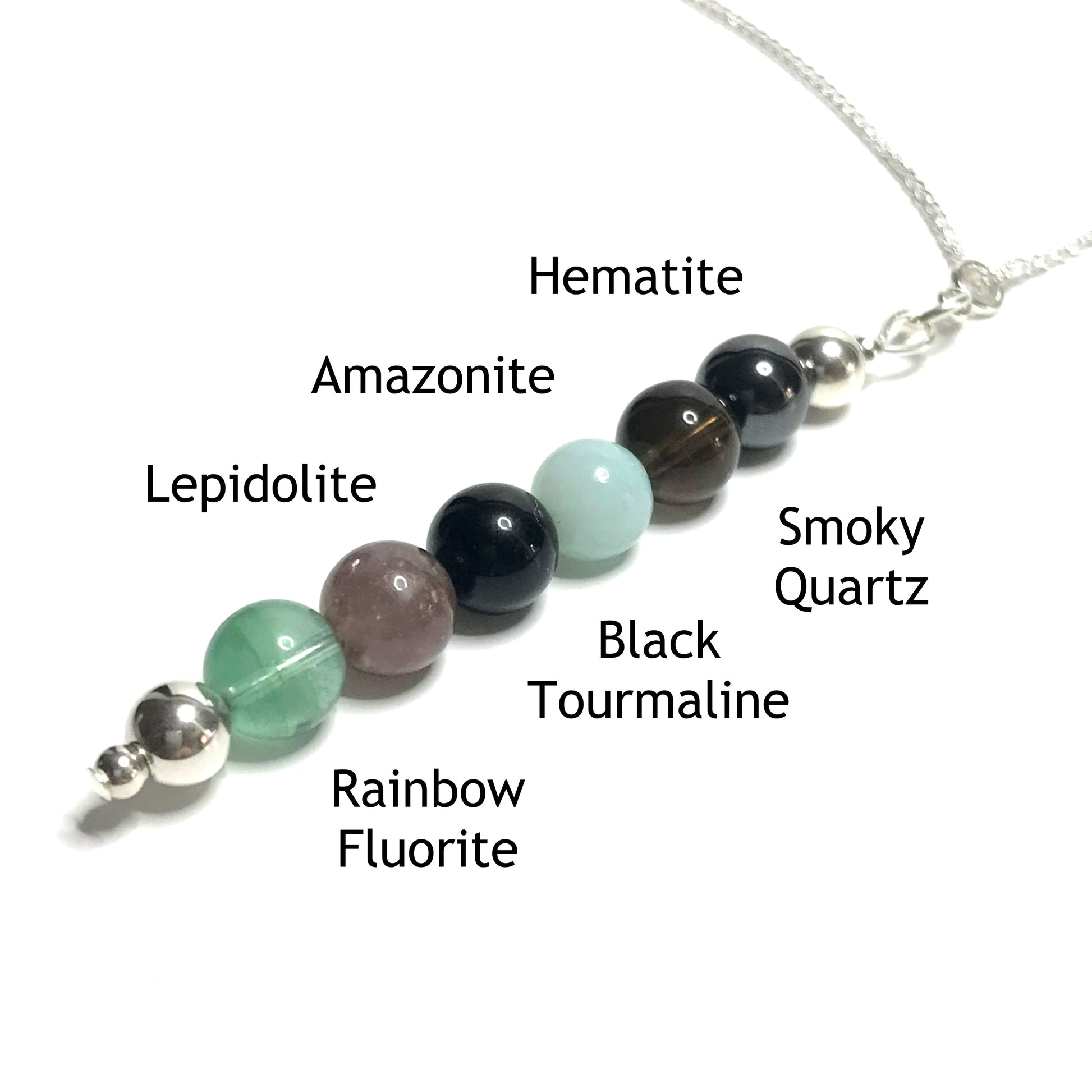 EMF protection pendant with the beads labelled as hematite, smoky quartz, amazonite, black tourmaline, lepidolite and rainbow fluorite