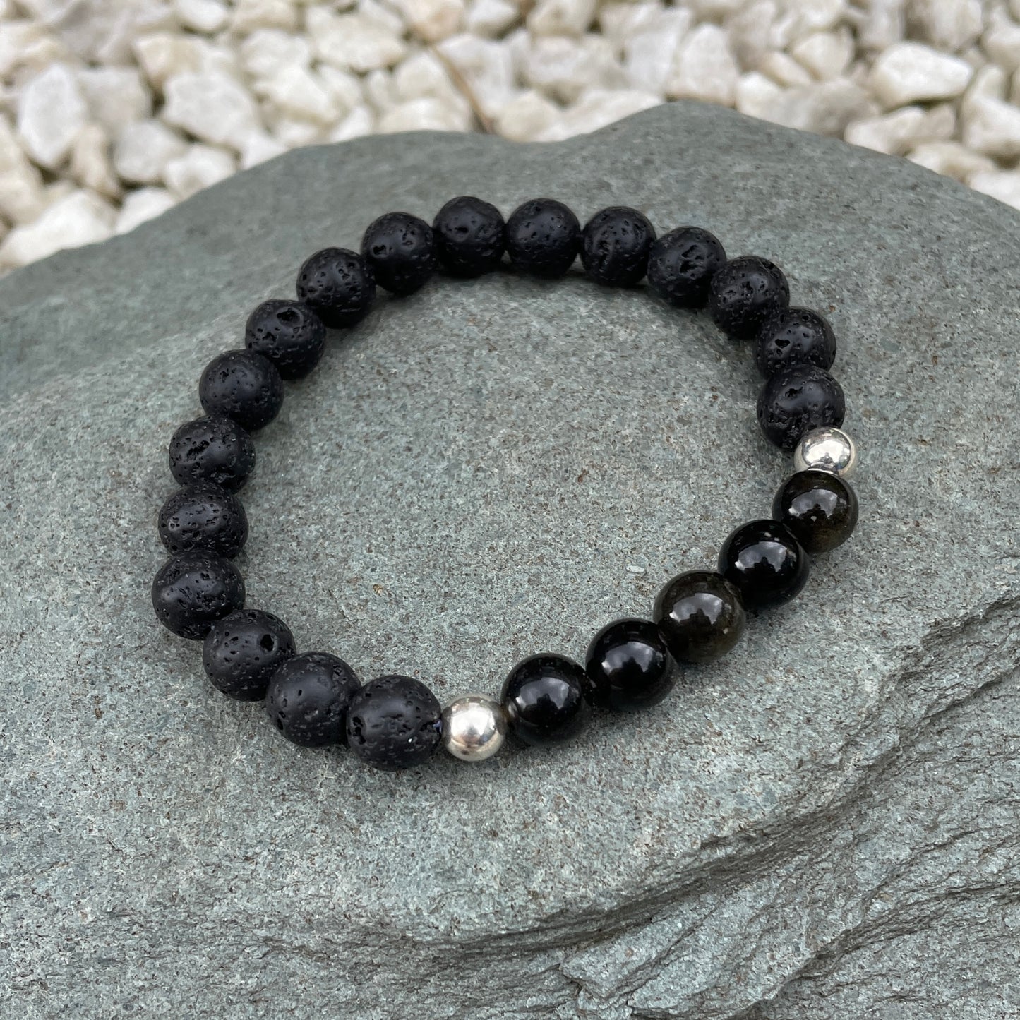 Golden sheen obsidian with lava rock crystal bracelet