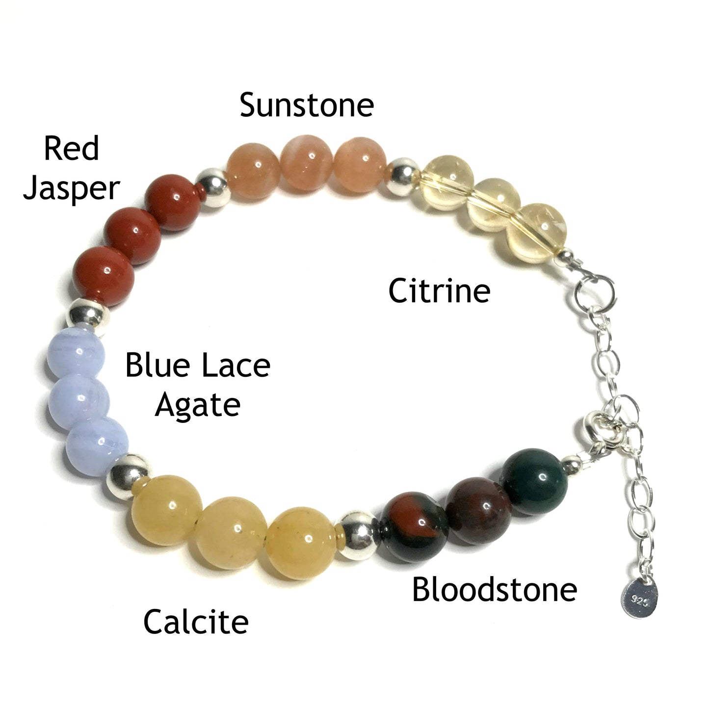 Happiness bracelet with the beads labelled as  citrine, sunstone, red jasper, blue lace agate, calcite and bloodstone