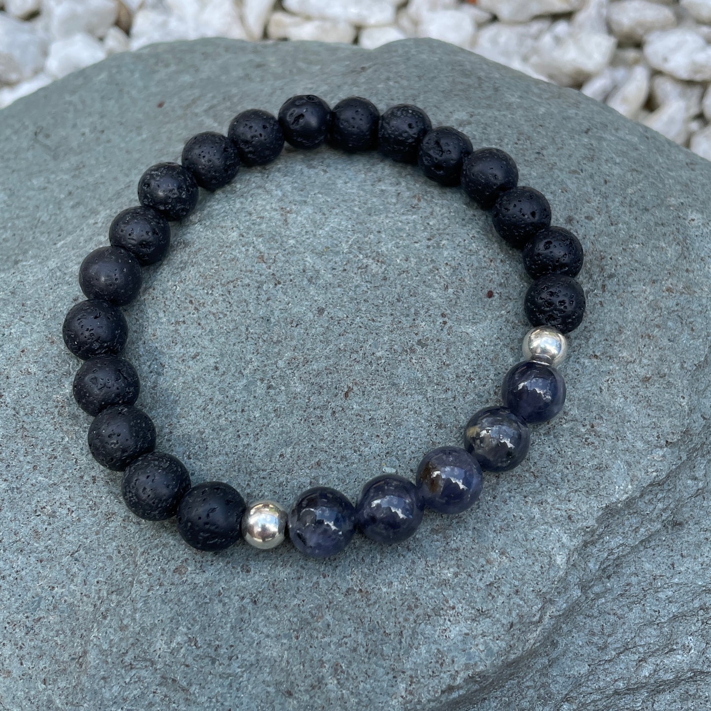 Iolite with lava rock gemstone bracelet