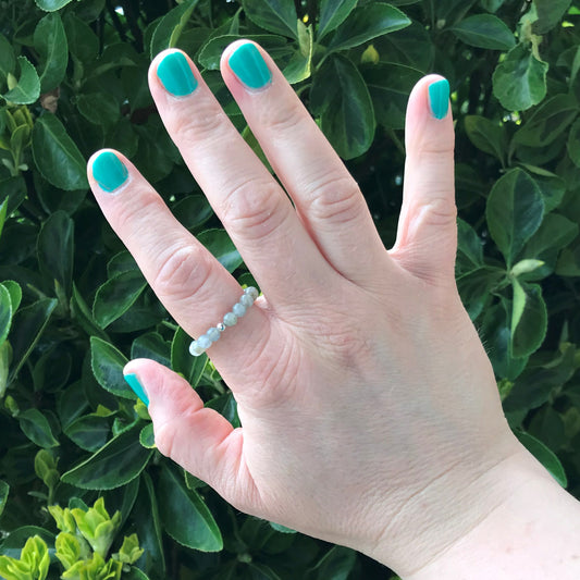 Hand wearing a labradorite ring