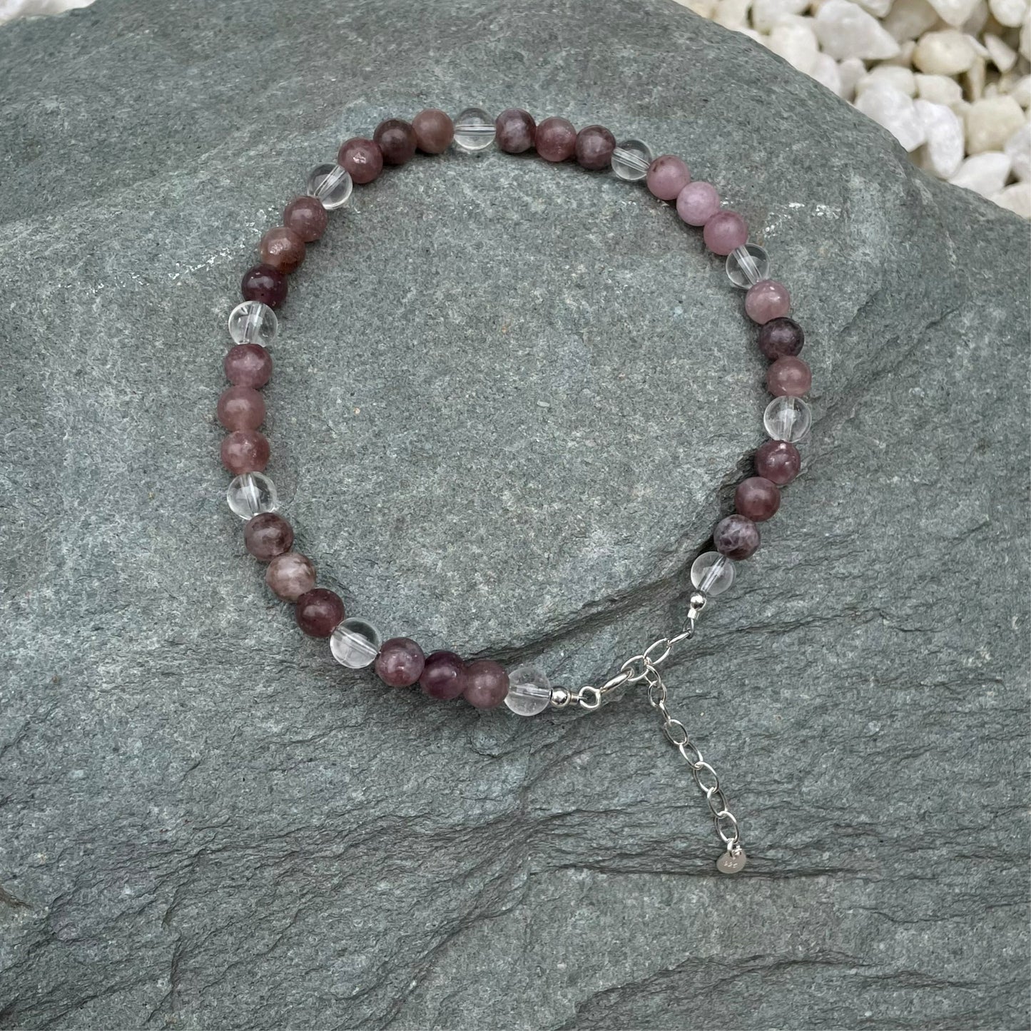 Lepidolite beaded anklet on stone