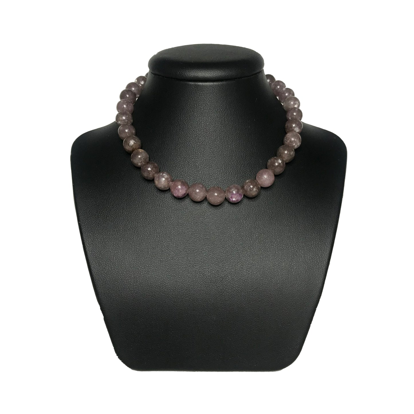 Lepidolite necklace on black stand