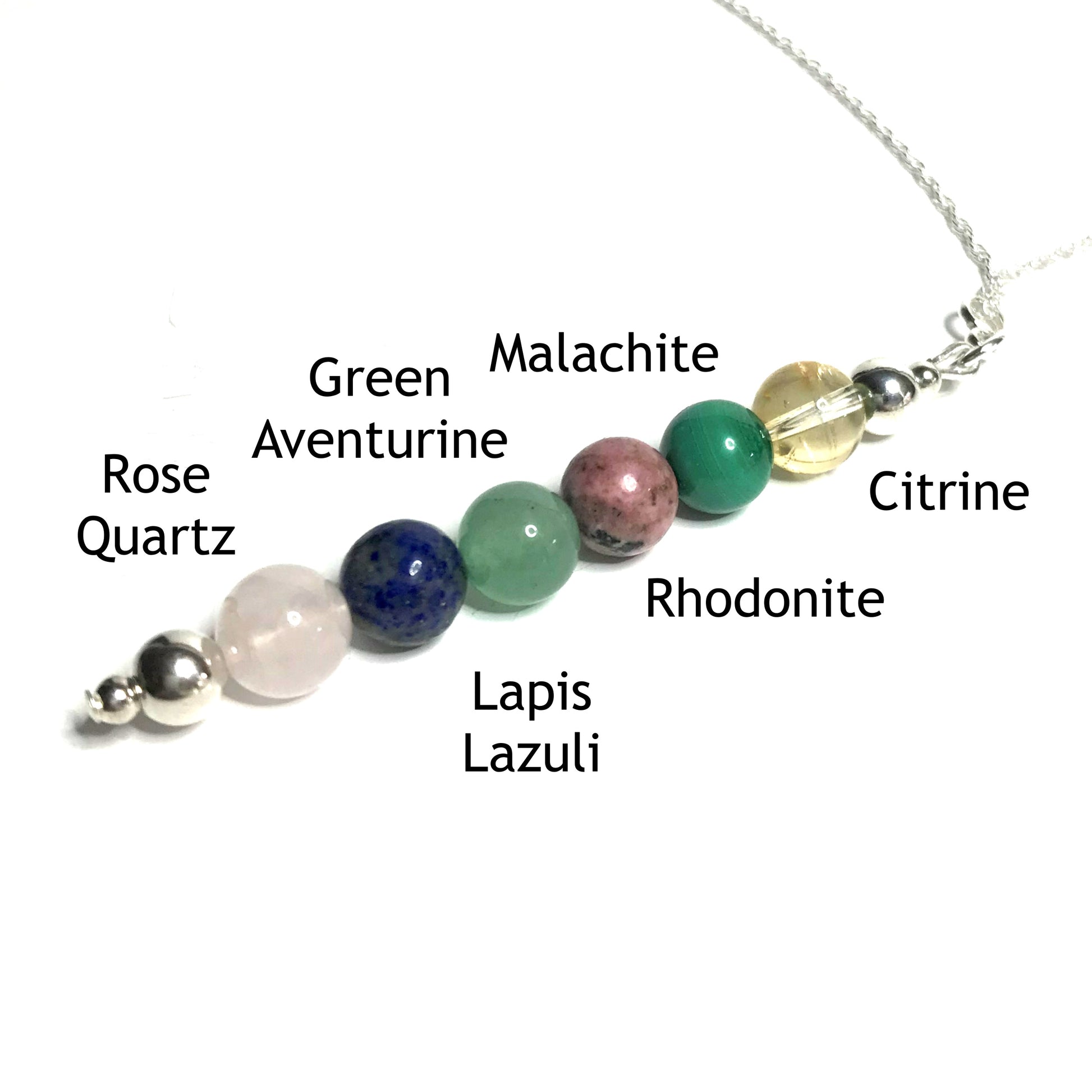 Love pendant with the beads labelled as rose quartz, lapis lazuli, green aventurine, rhodonite, malachite and citrine