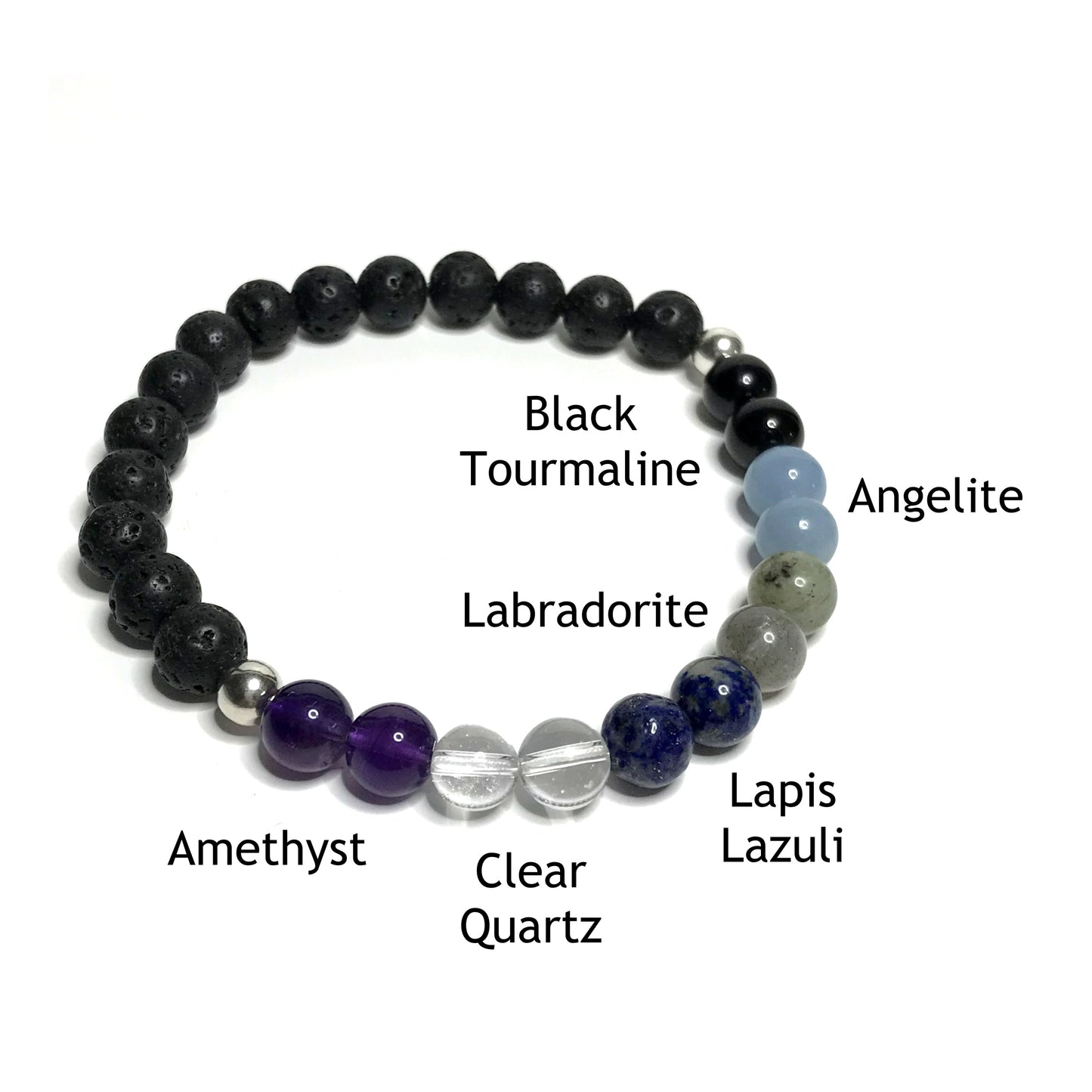 Meditation bracelet with lava rock with the beads labelled as amethyst, clear quartz, lapis lazuli, labradorite, angelite and black tourmaline