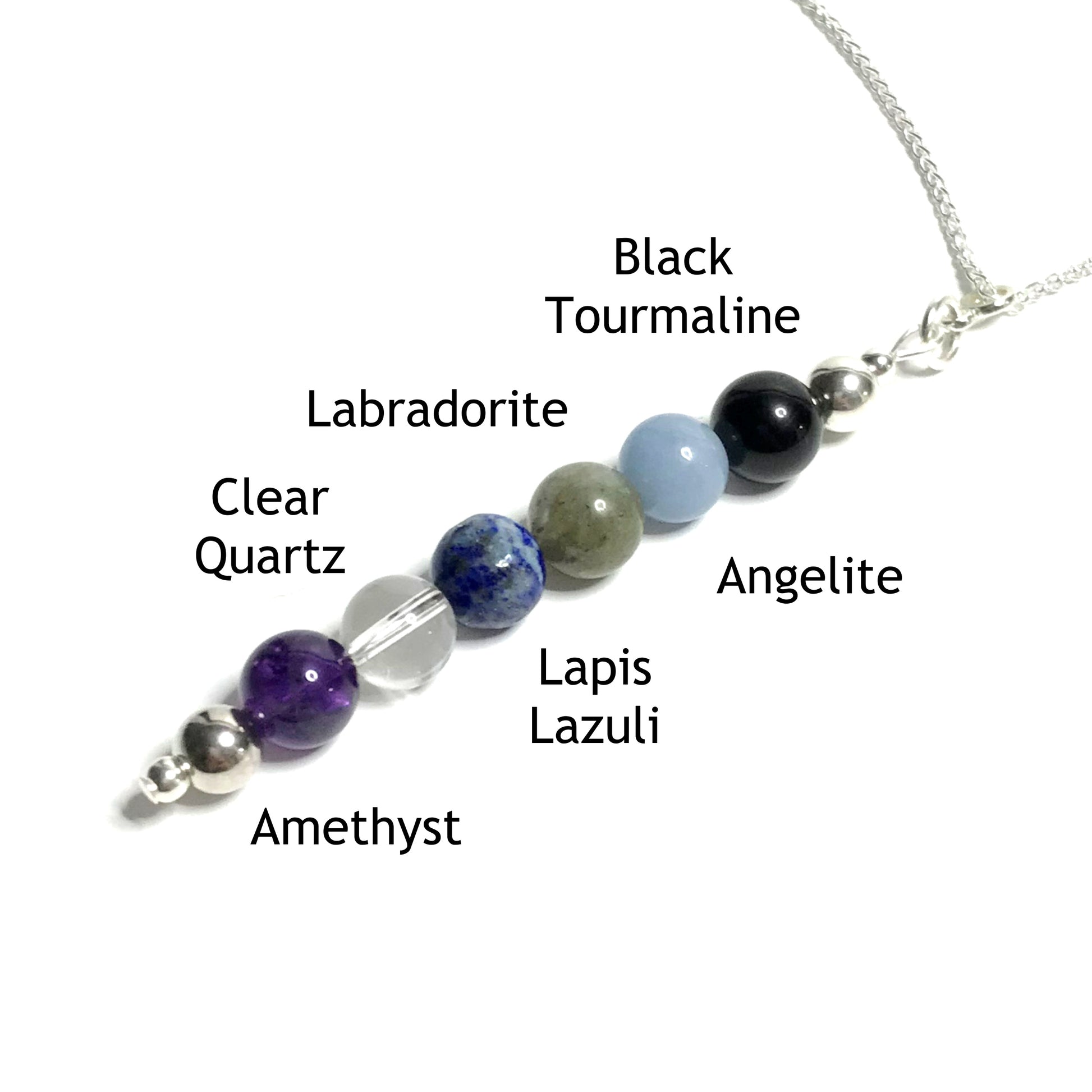 Meditation pendnt with the beads labelled as amethyst, clear quartz, lapis lazuli, labradorite, angelite and black tourmaline