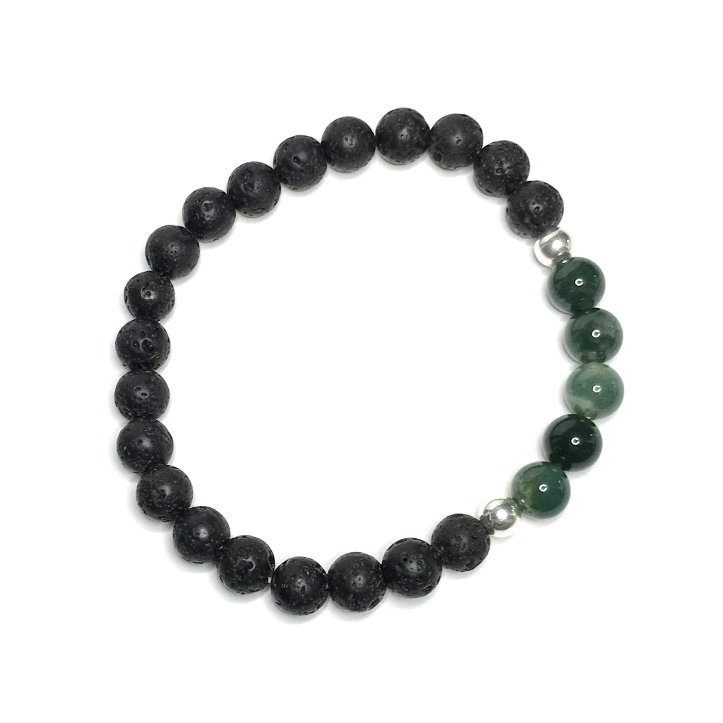 Moss agate crystal beaded bracelet with lava