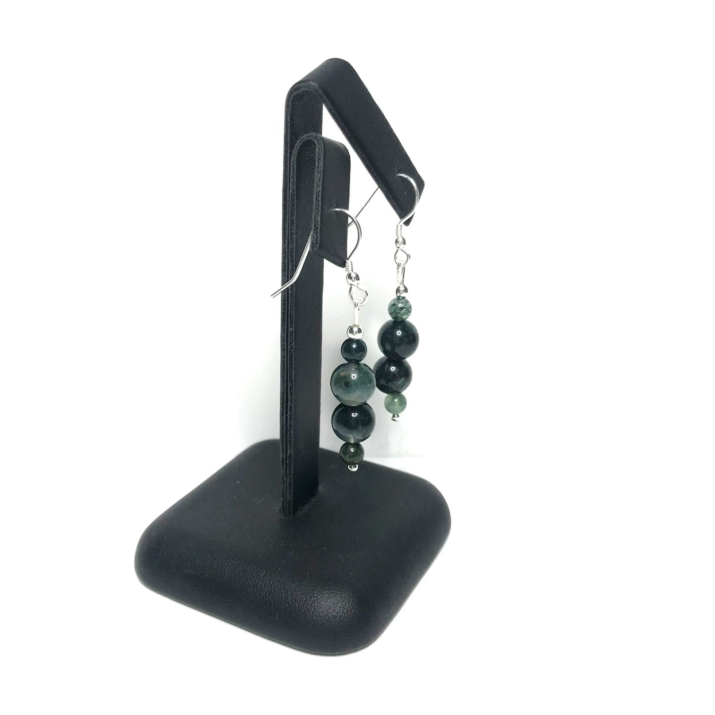 Moss agate crystal dangle earrings on stand