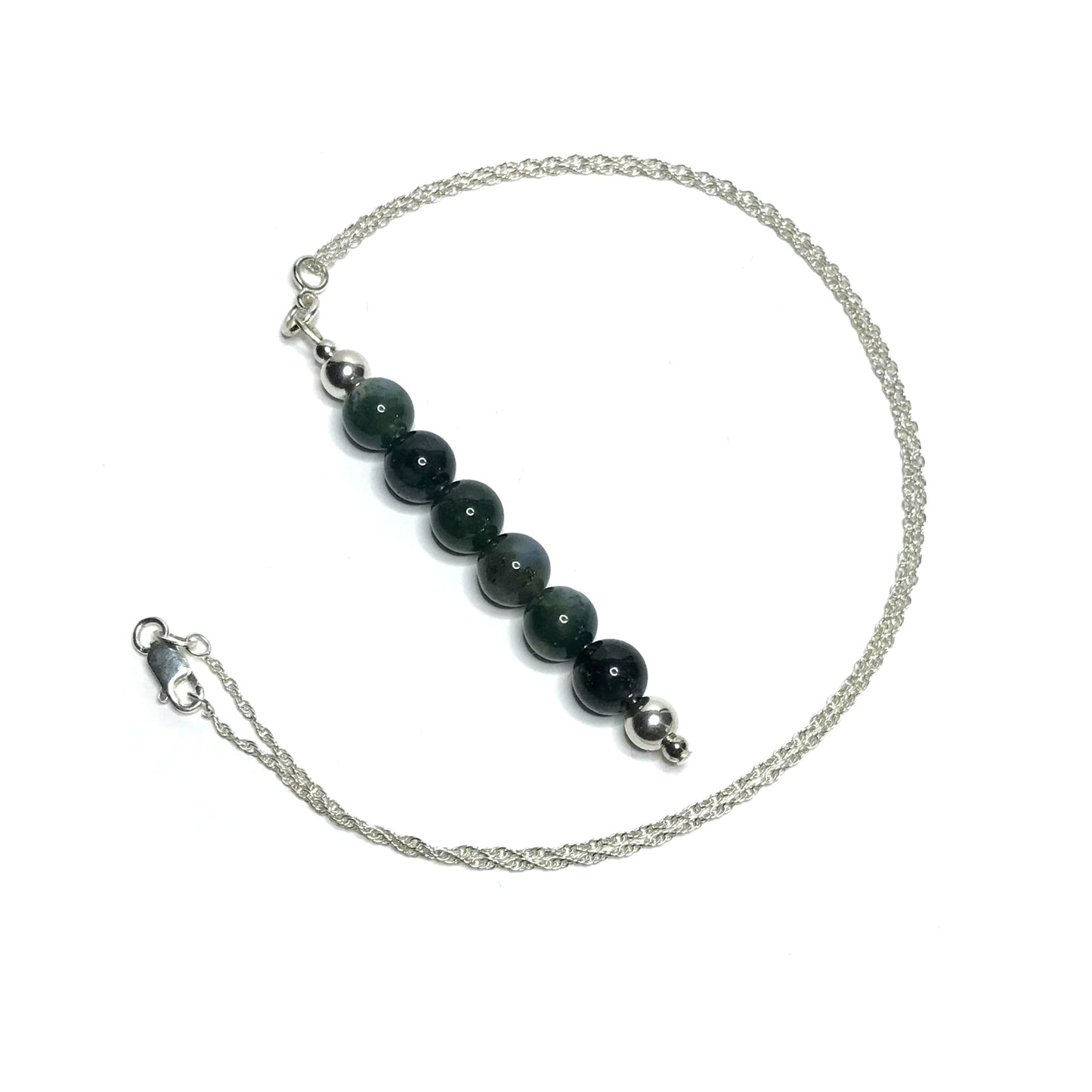 Moss agate crystal pendant with silver chain