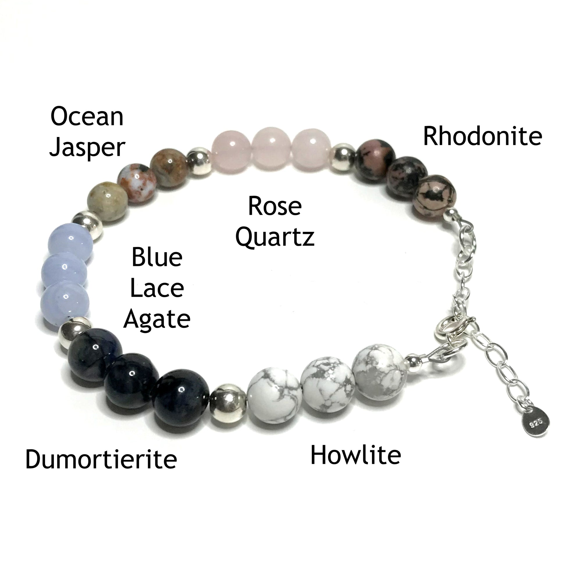 Patience bracelet with the beads labelled as rhodonite, rose quartz, ocean jasper, blue lace agate, dumortierite and howlite