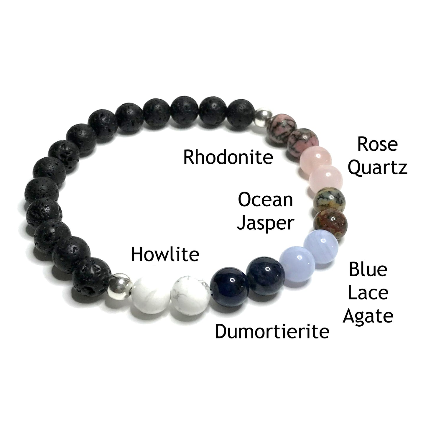 Patience bracelet with lava rock with the beads labelled as rhodonite, rose quartz, ocean jasper, blue lace agate, dumortierite and howlite