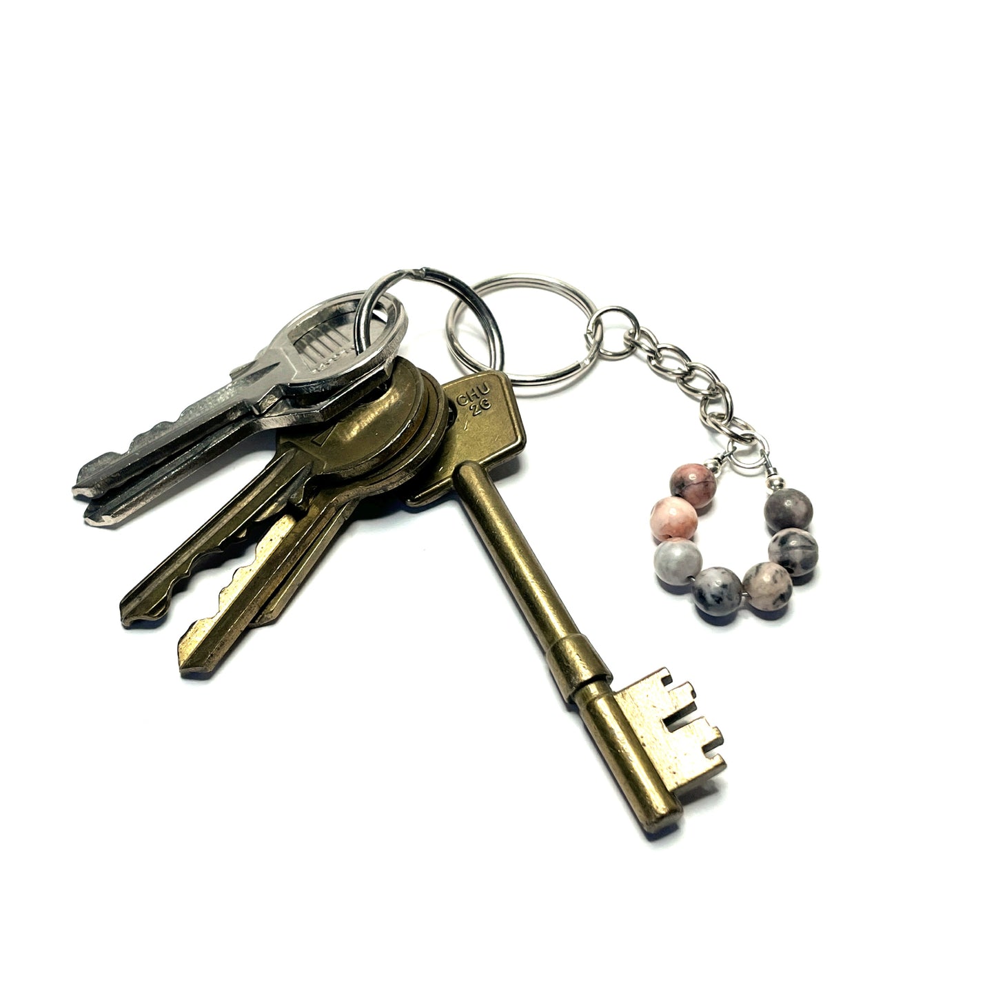 Pink zebra jasper keychain with keys