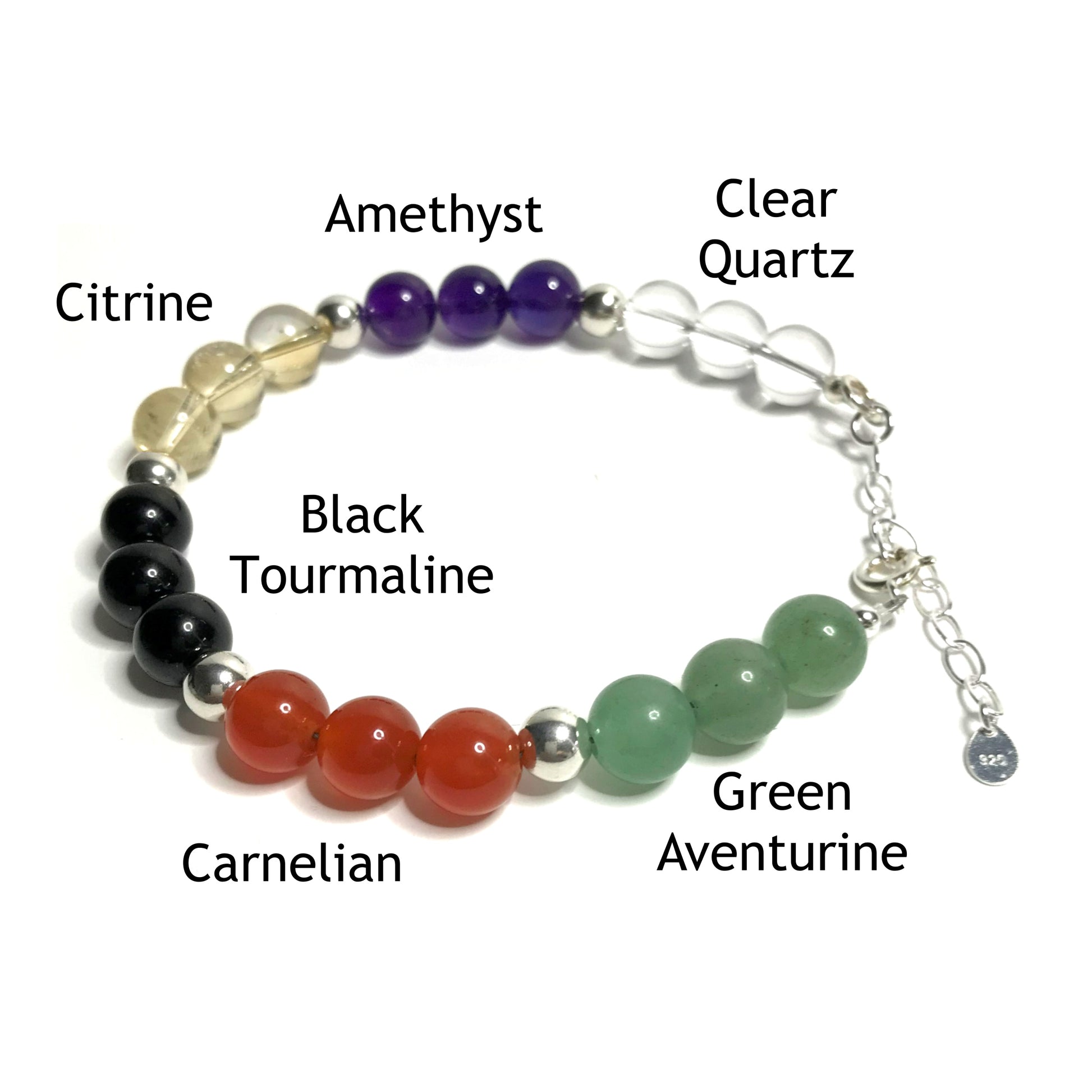 Positivity bracelet with the beads labelled as clear quartz, amethyst, citrine, black tourmaline, carnelian and green aventurine