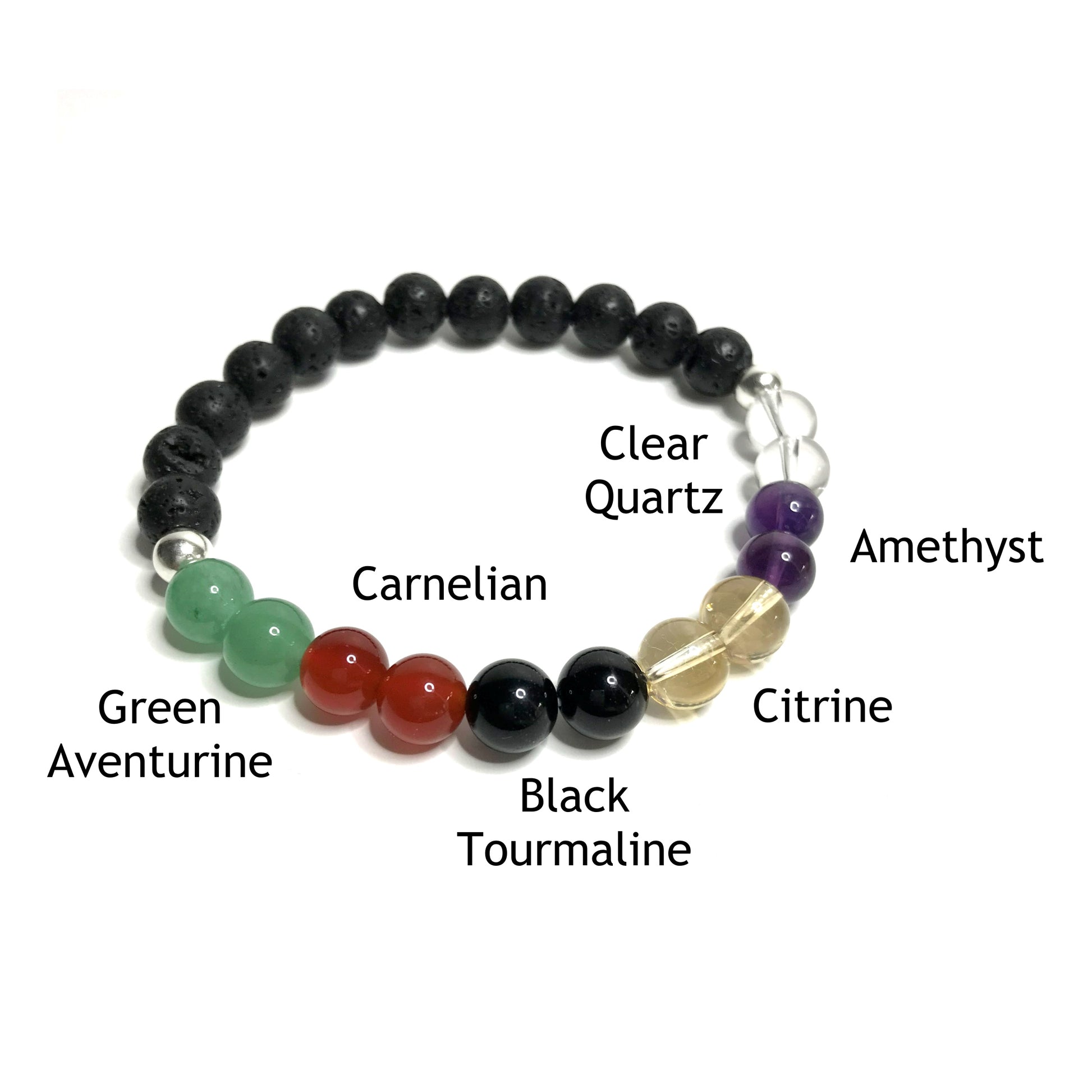 Positivity bracelet with lava rock with the beads labelled as clear quartz, amethyst, citrine, black tourmaline, carnelian and green aventurine