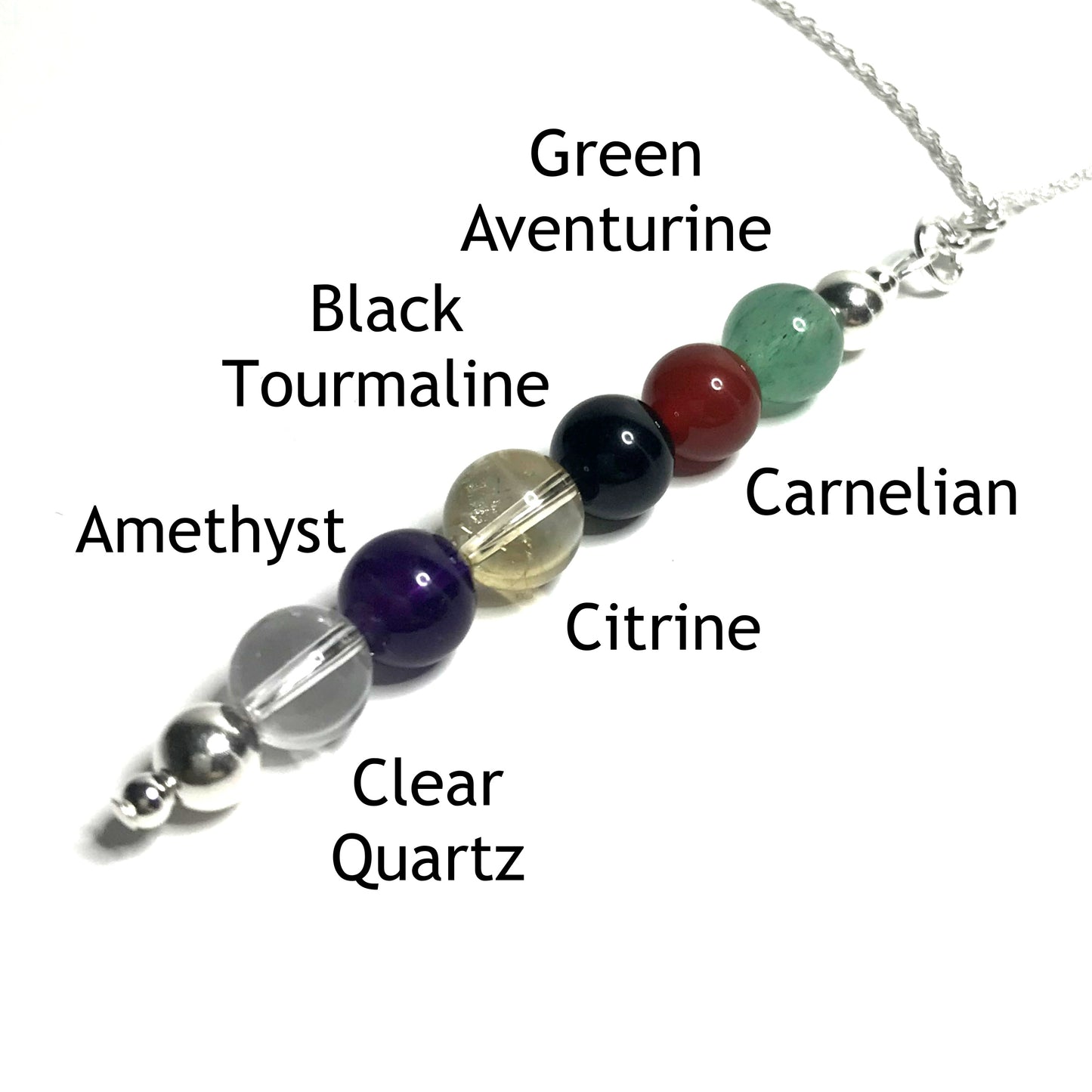 Positivity pendant with the beads labelled as clear quartz, amethyst, citrine, black tourmaline, carnelian and green aventurine