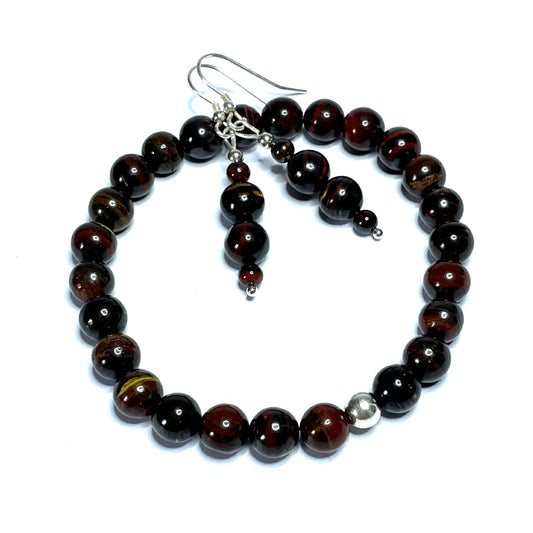 Red Iron Tiger's Eye Bracelet and Earrings Set