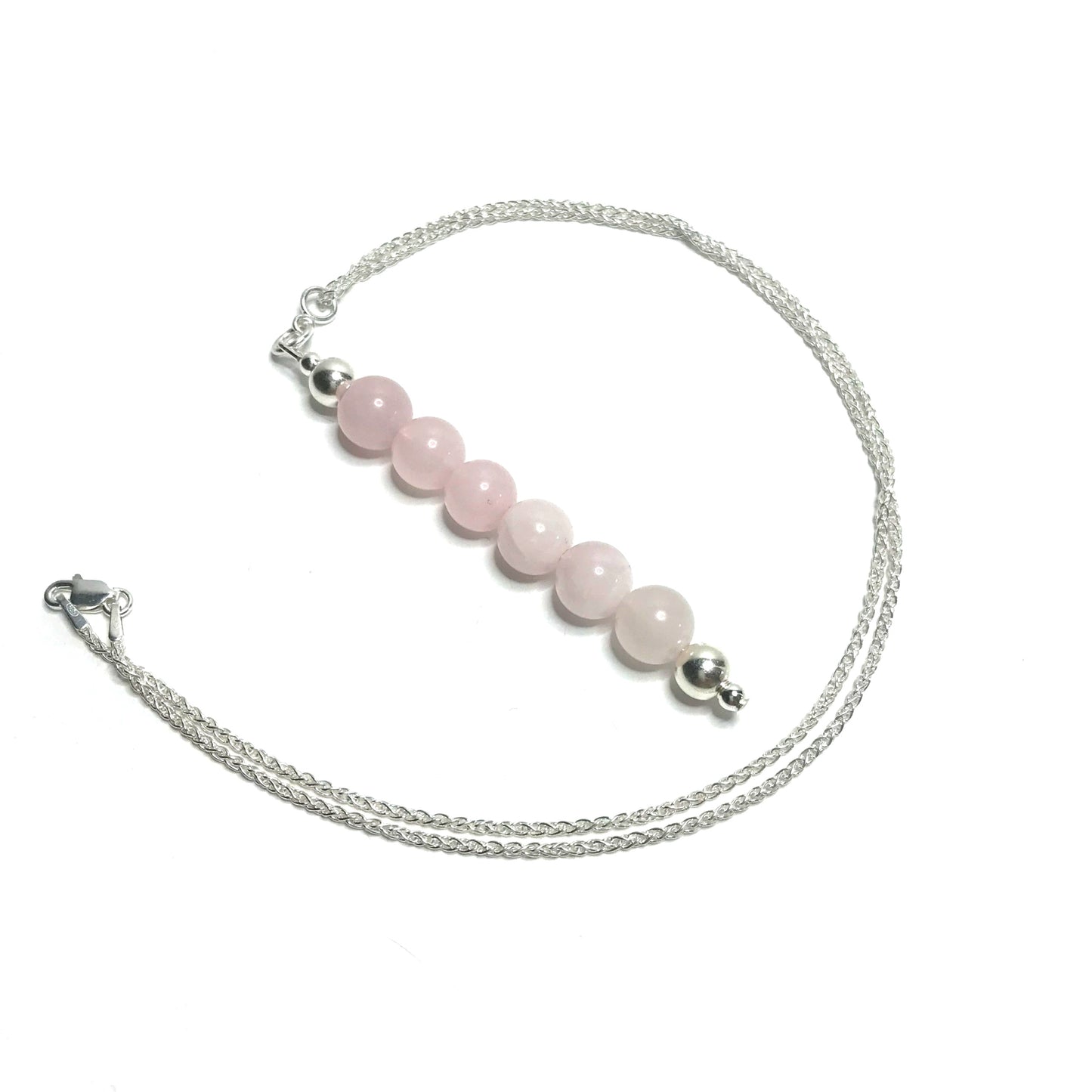 Rose quartz beaded pendant on silver chain