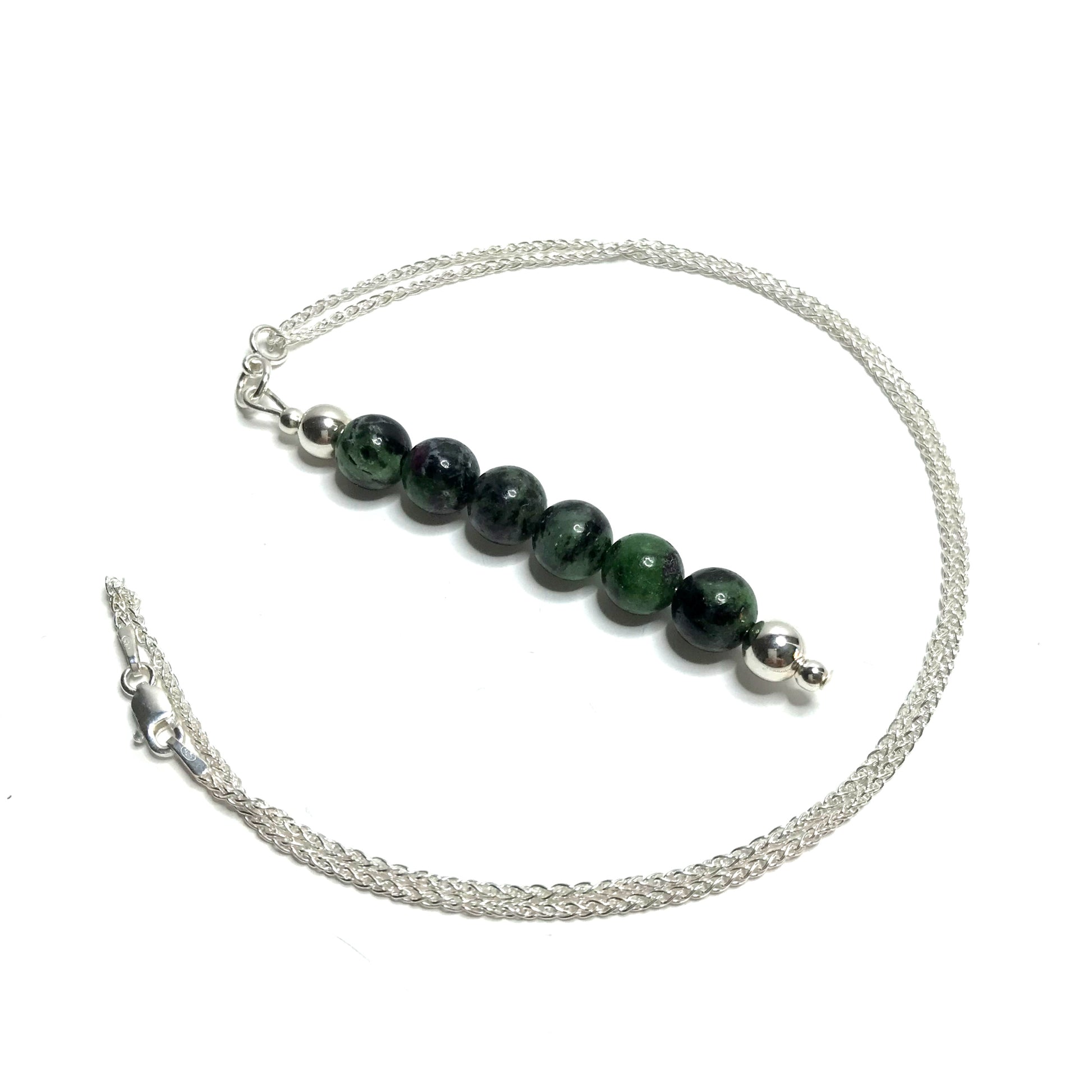 Ruby zoisite bead pendant on silver chain