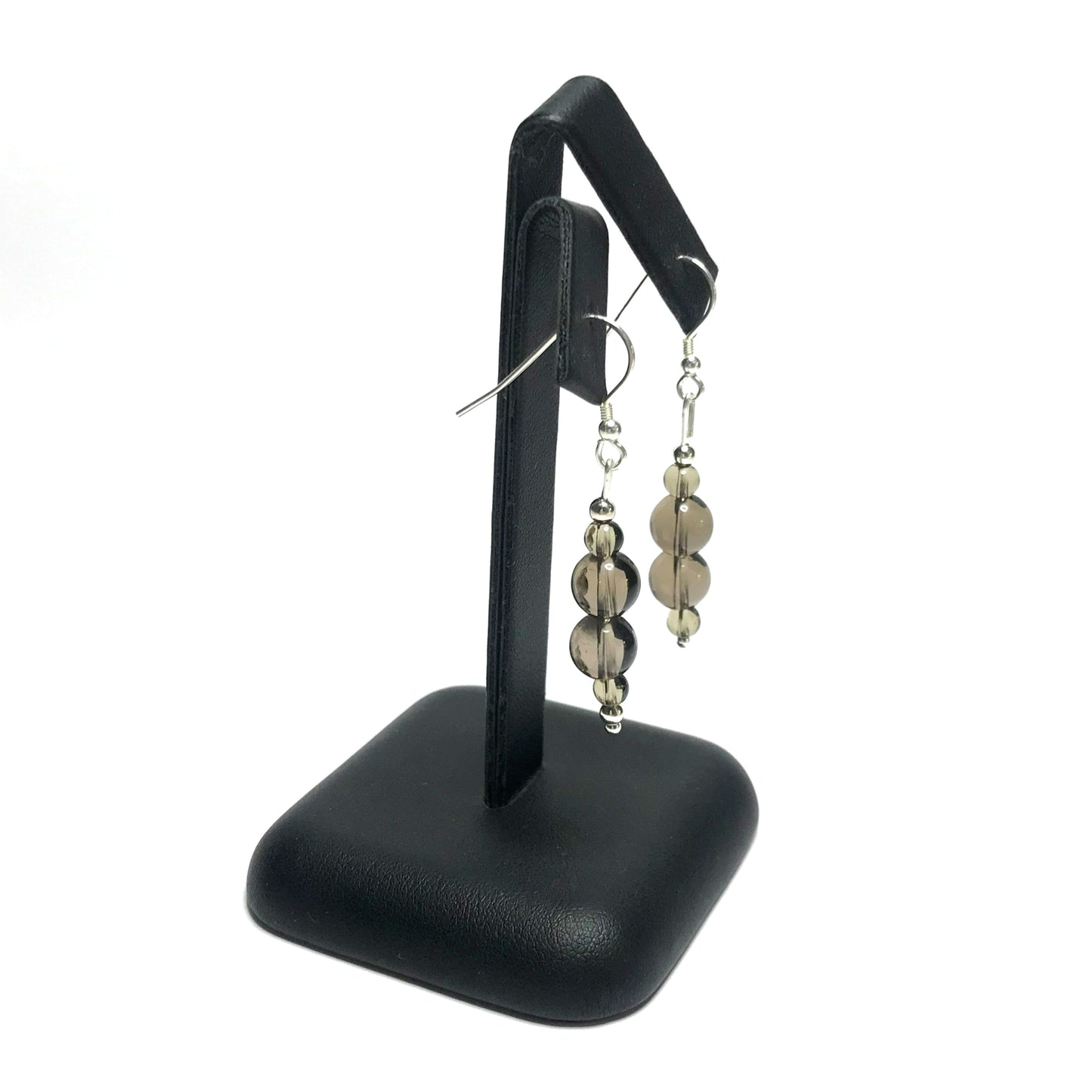 Smoky quartz bead earrings on stand