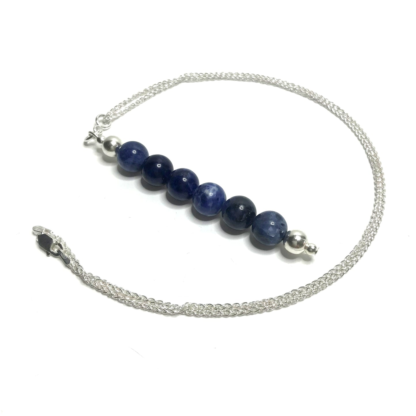 Sodalite beaded pendant on silver chain 