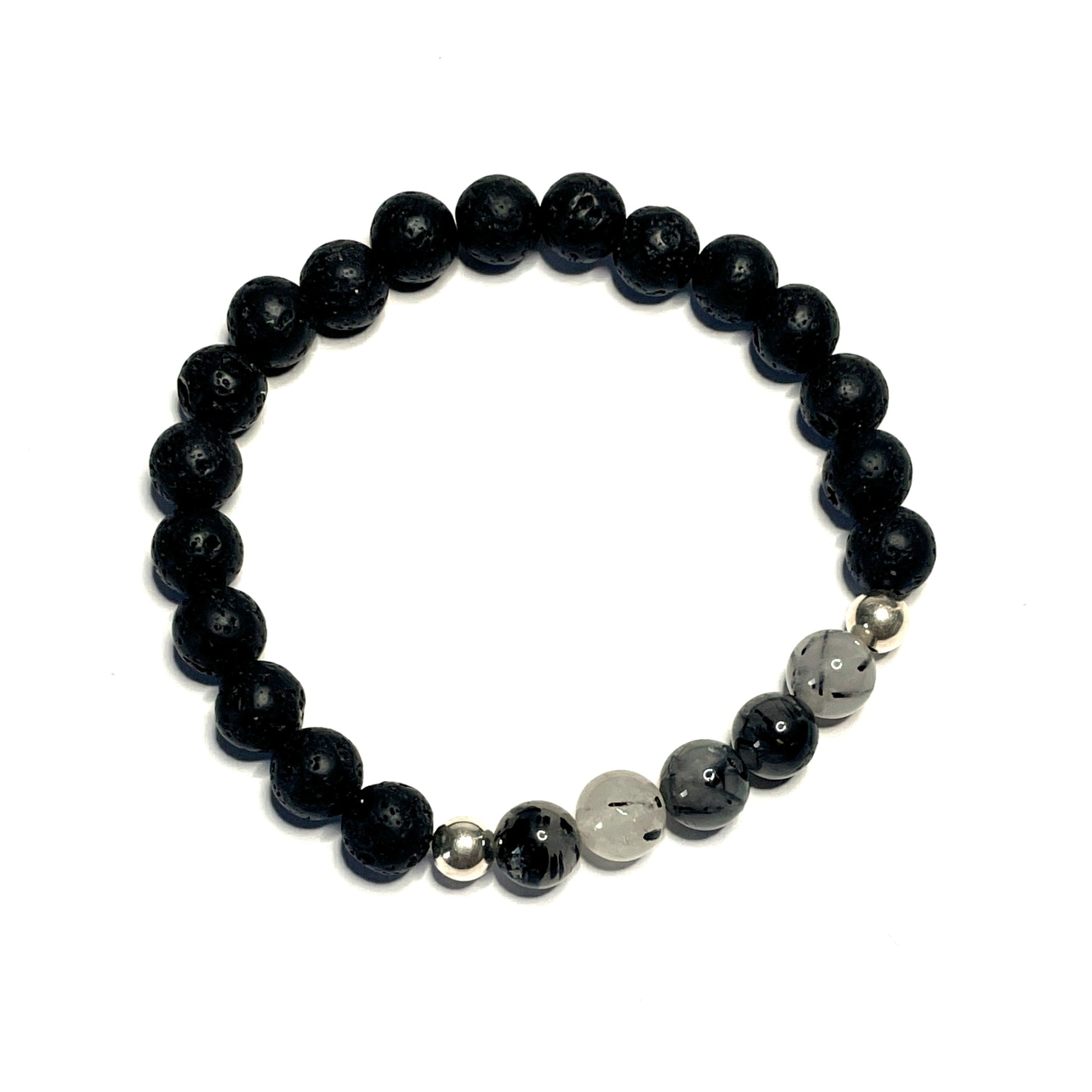 Tourmalinated quartz with lava rock gemstone bracelet