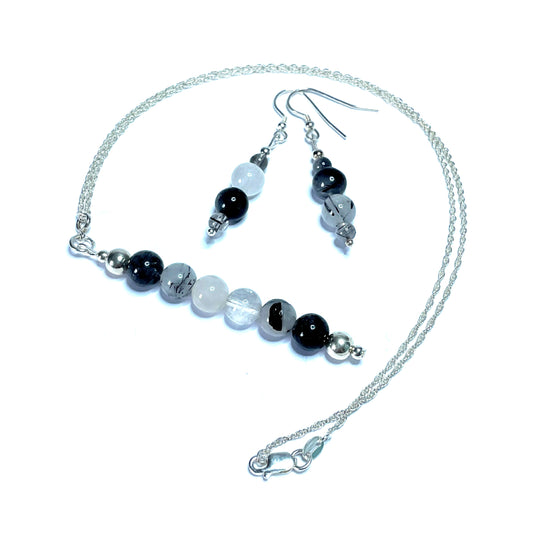 Tourmalinated quartz crystal pendant and earrings set