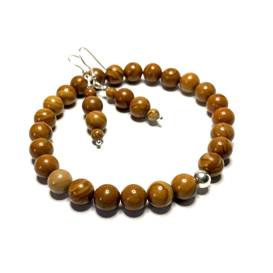 Wood Grain Jasper Bracelet and Earrings Set