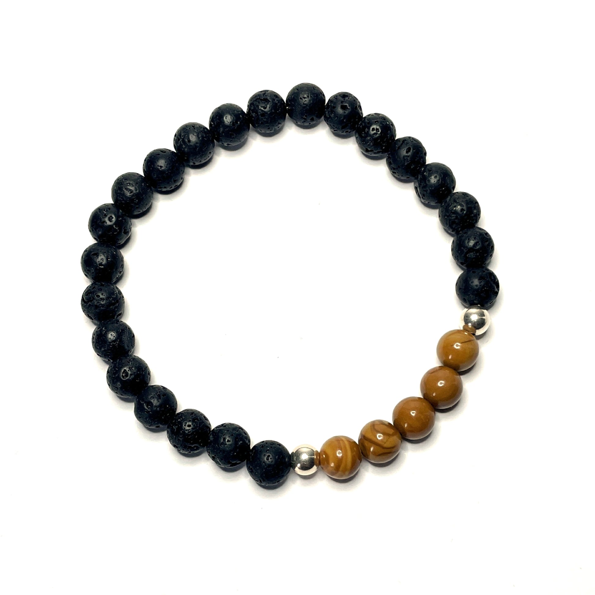 Wood grain jasper beaded bracelet with lava rock