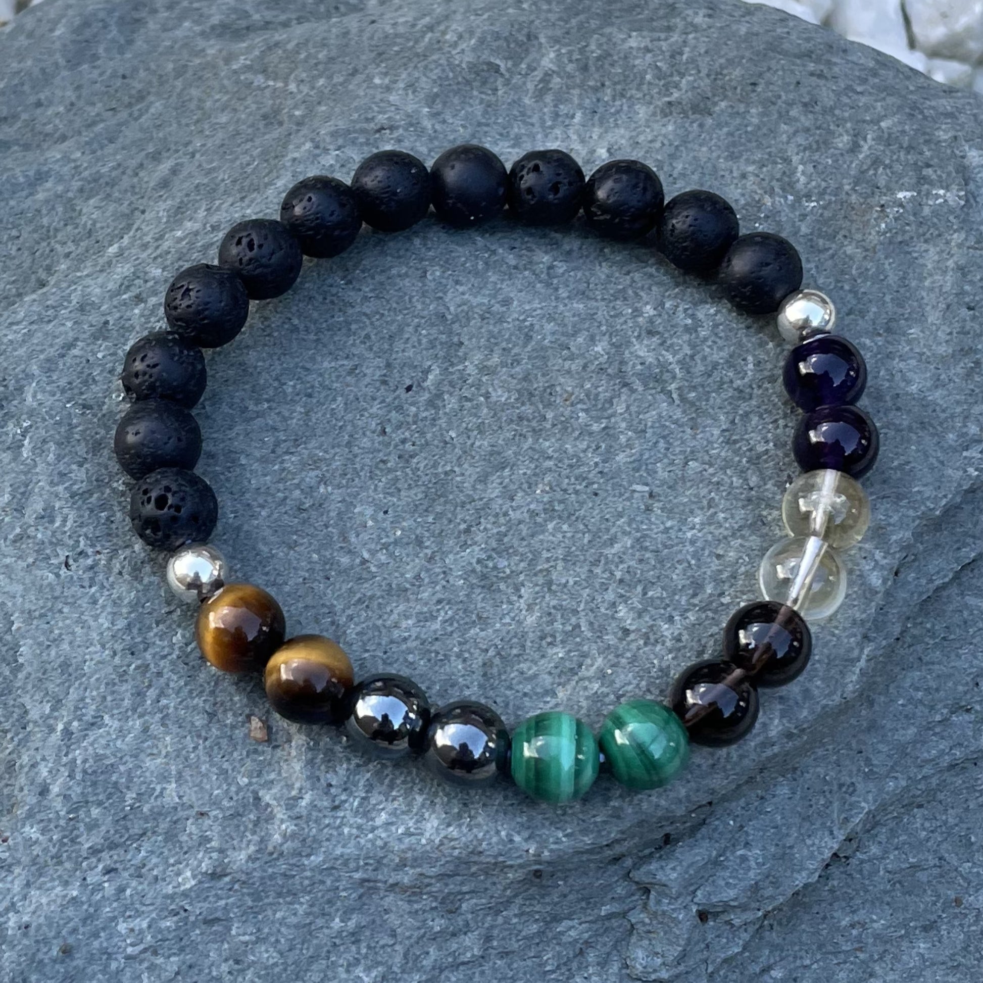 Addiction recovery gemstone bracelet with lava rock on stone