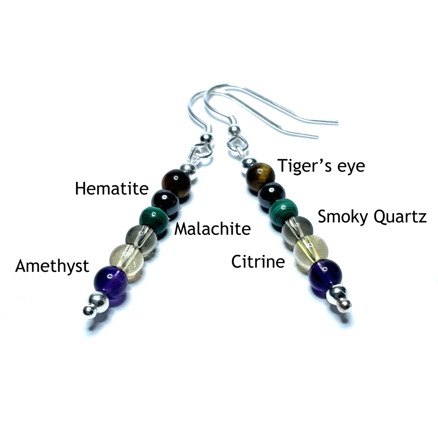 Addiction recovery earrings with the beads labelled as tiger's eye, hematite, malachite, smoky quartz, citrine and amethyst
