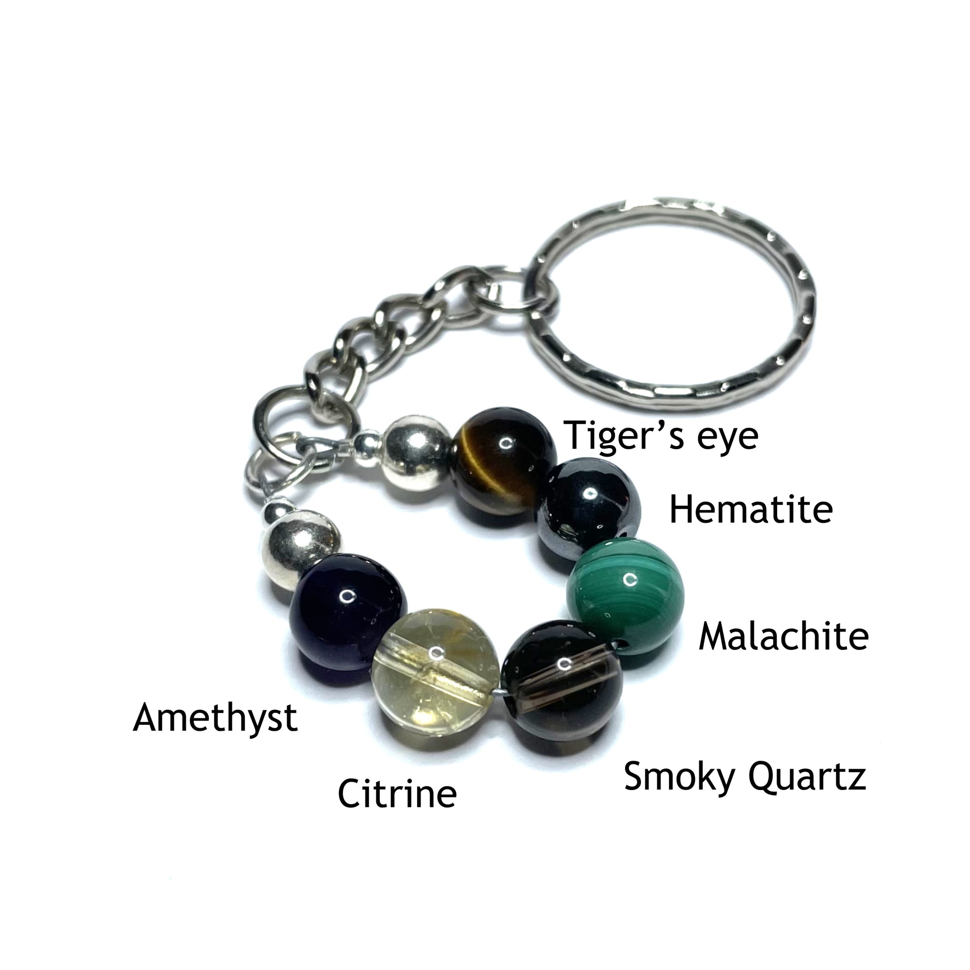 Addiction recovery keychain with the beads labelled as tiger's eye, hematite, malachite, smoky quartz, citrine and amethyst