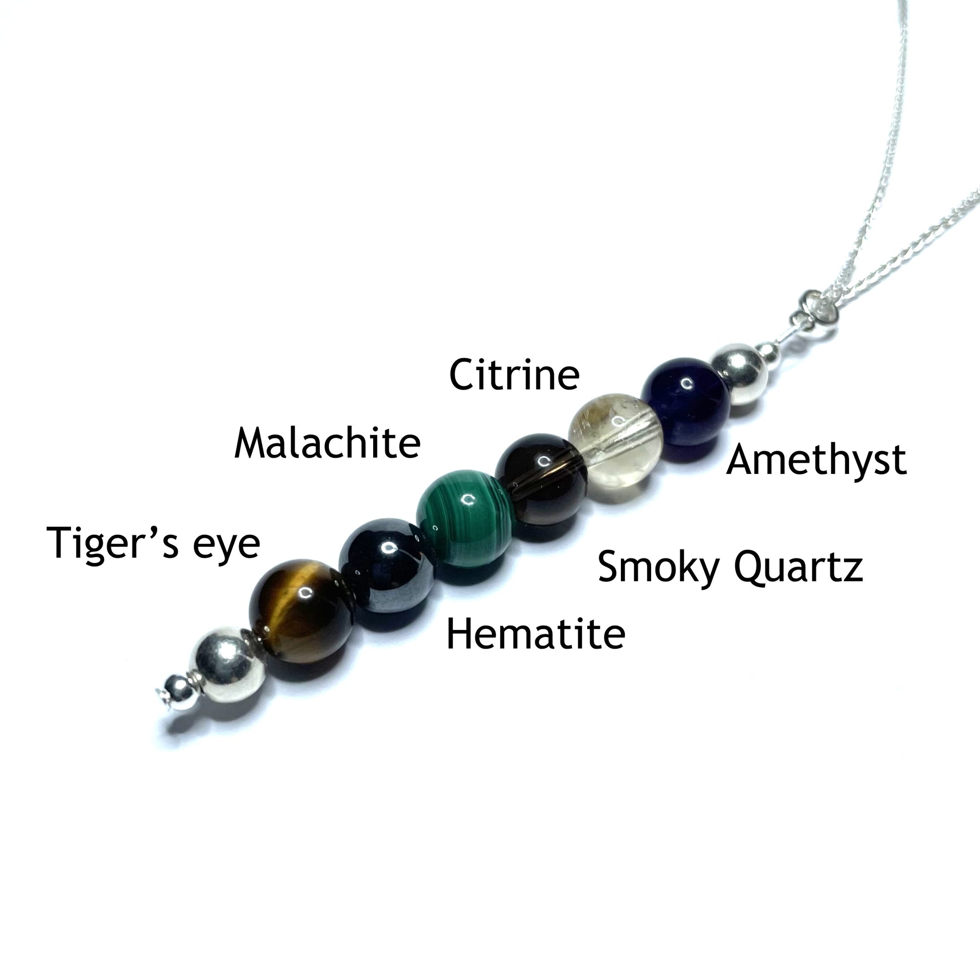 Addiction recovery pendant with the beads labelled as tiger's eye, hematite, malachite, smoky quartz, citrine and amethyst